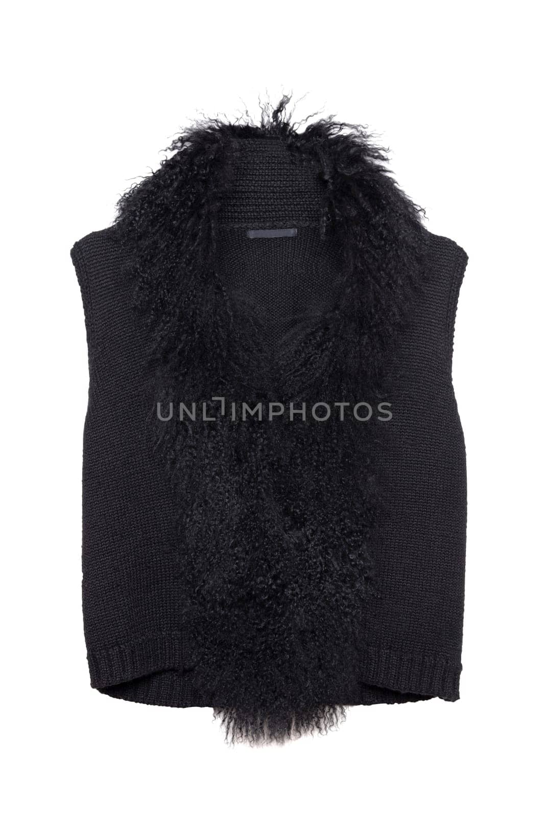Vest isolated. Black women vest with a large fur collar isolated on a white background. Woman fashion.