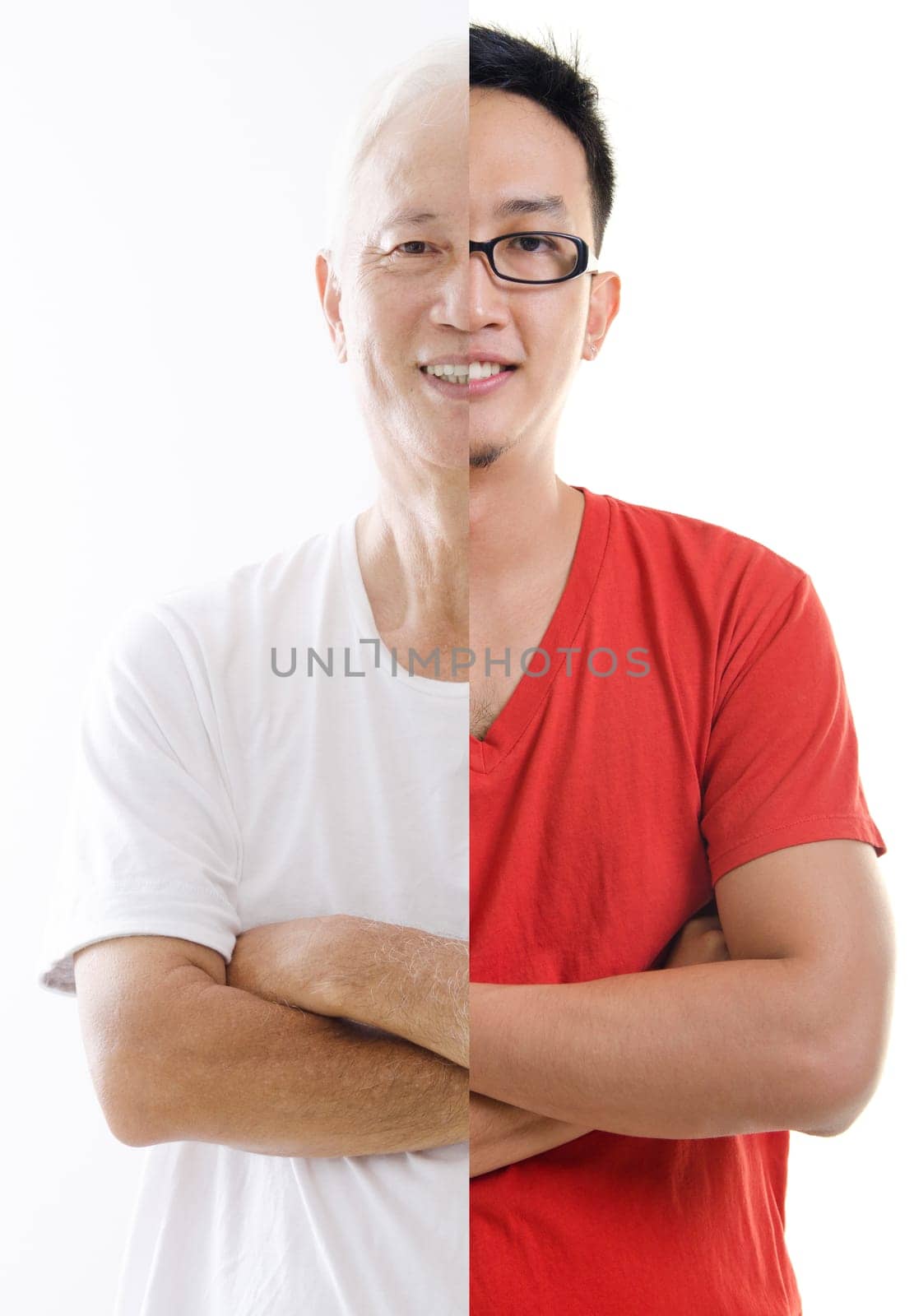 Old and young man. Process of aging, Asian people.