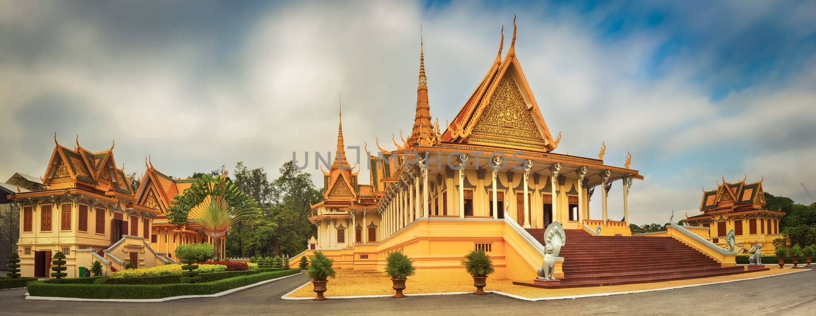 The throne hall inside the Royal Palace complex in Phnom Penh, Cambodia. Famous landmark and tourist attraction. Panorama