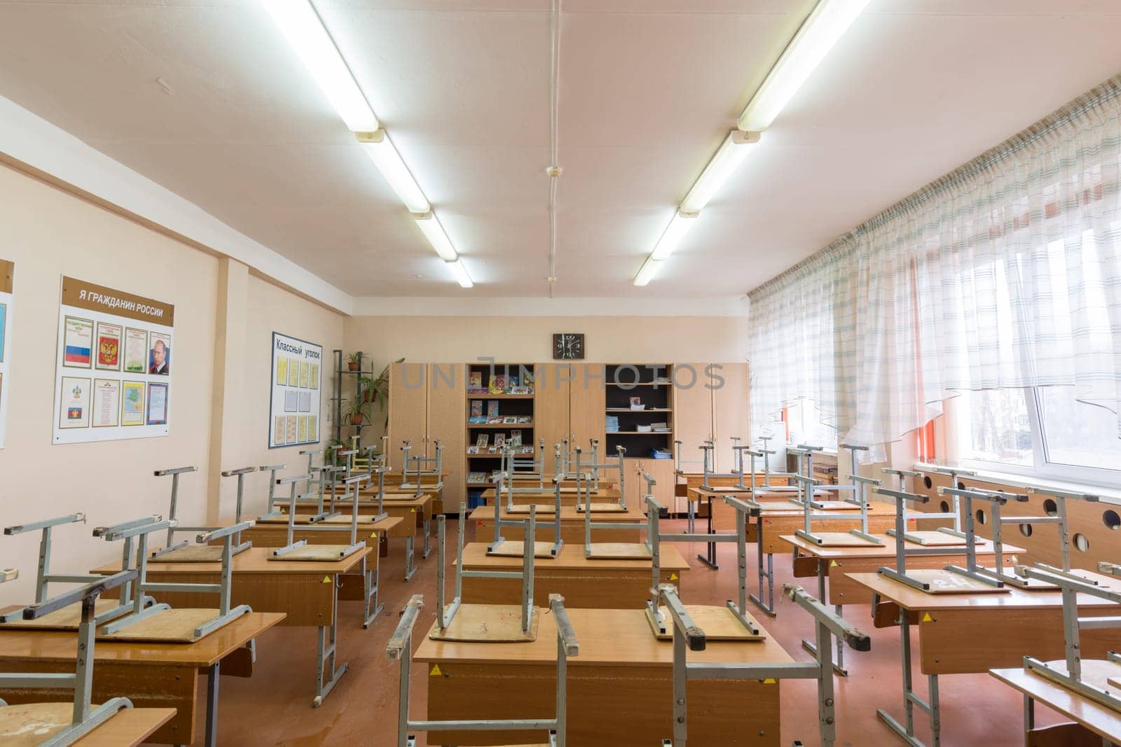 Anapa, Russia - January 26, 2019: Class after class, chairs raised, upturned and lying on the desks