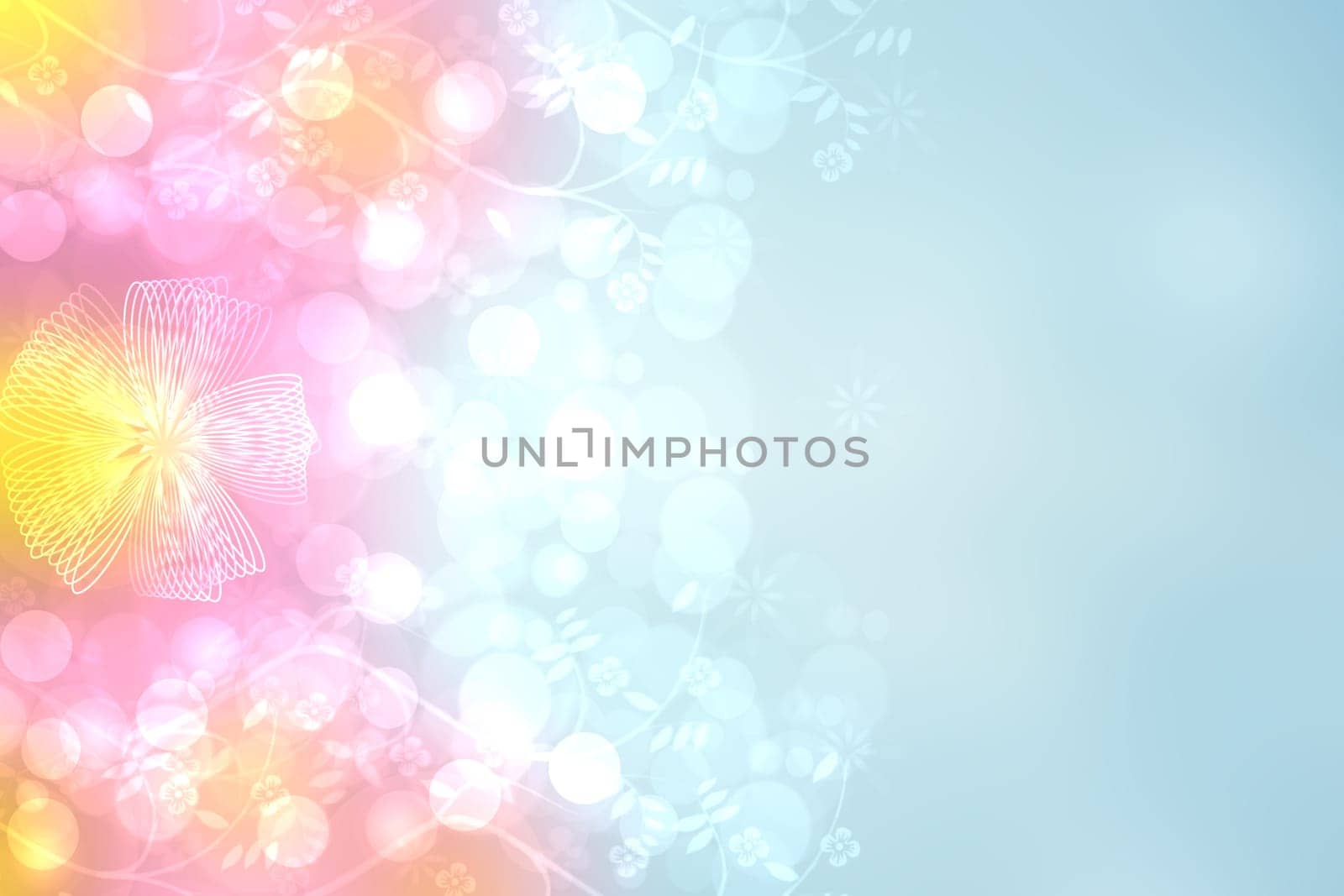 Card concept. Sweet abstract festive blue gradient pink background texture with a ribbon bow and defocused bokeh lights. Birth, birthday, festival, valentine or other holidays backdrop. Space.