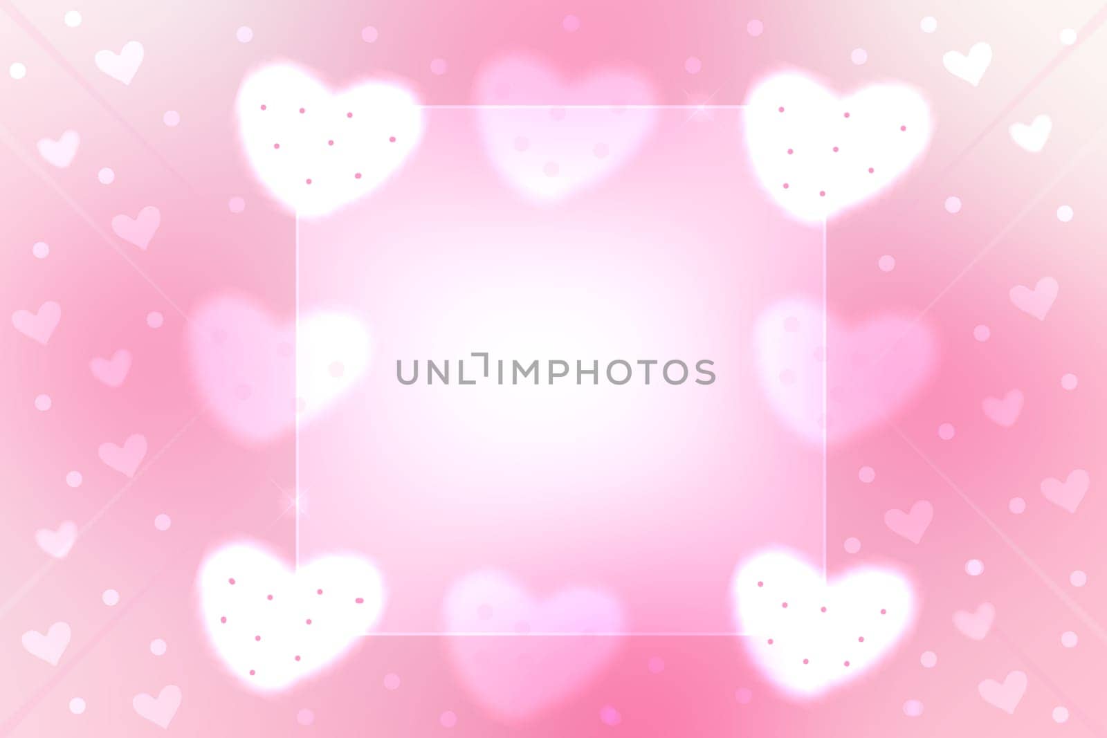 Abstract valentine background. Abstract festive blur bright pink pastel background with a frame and white pink hearts bokeh made for valentine or wedding card. Space for design. Card concept.