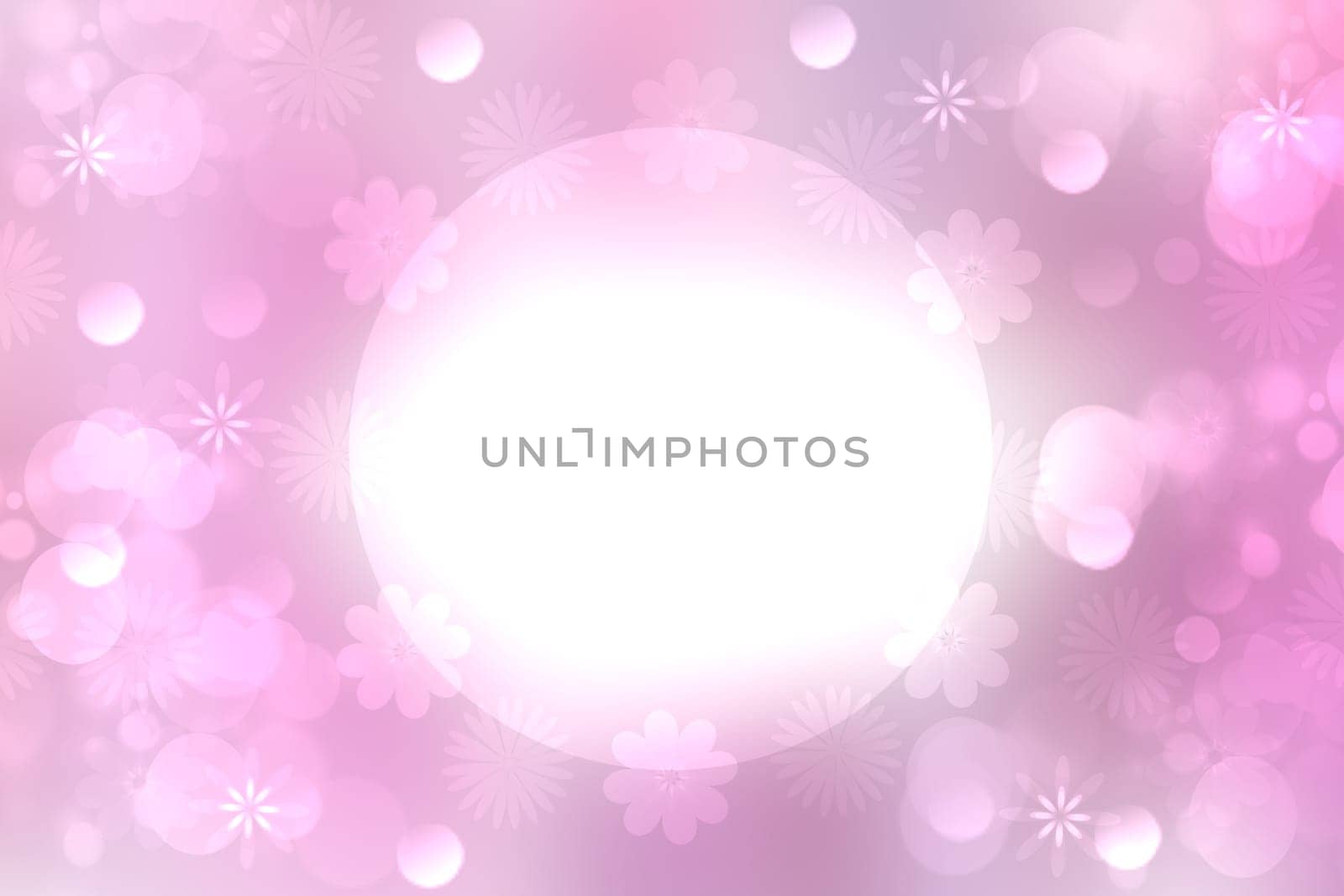 Card concept. Abstract festive blur bright pink pastel background with a white circle frame and pink flower bokeh made for valentine, wedding, festival, birth or other holidays. Beautiful texture.