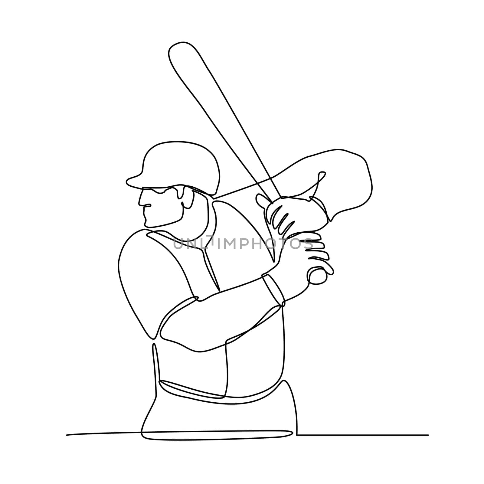 Continuous line illustration of a baseball player with bat batting viewed from side  done in black and white monoline style.