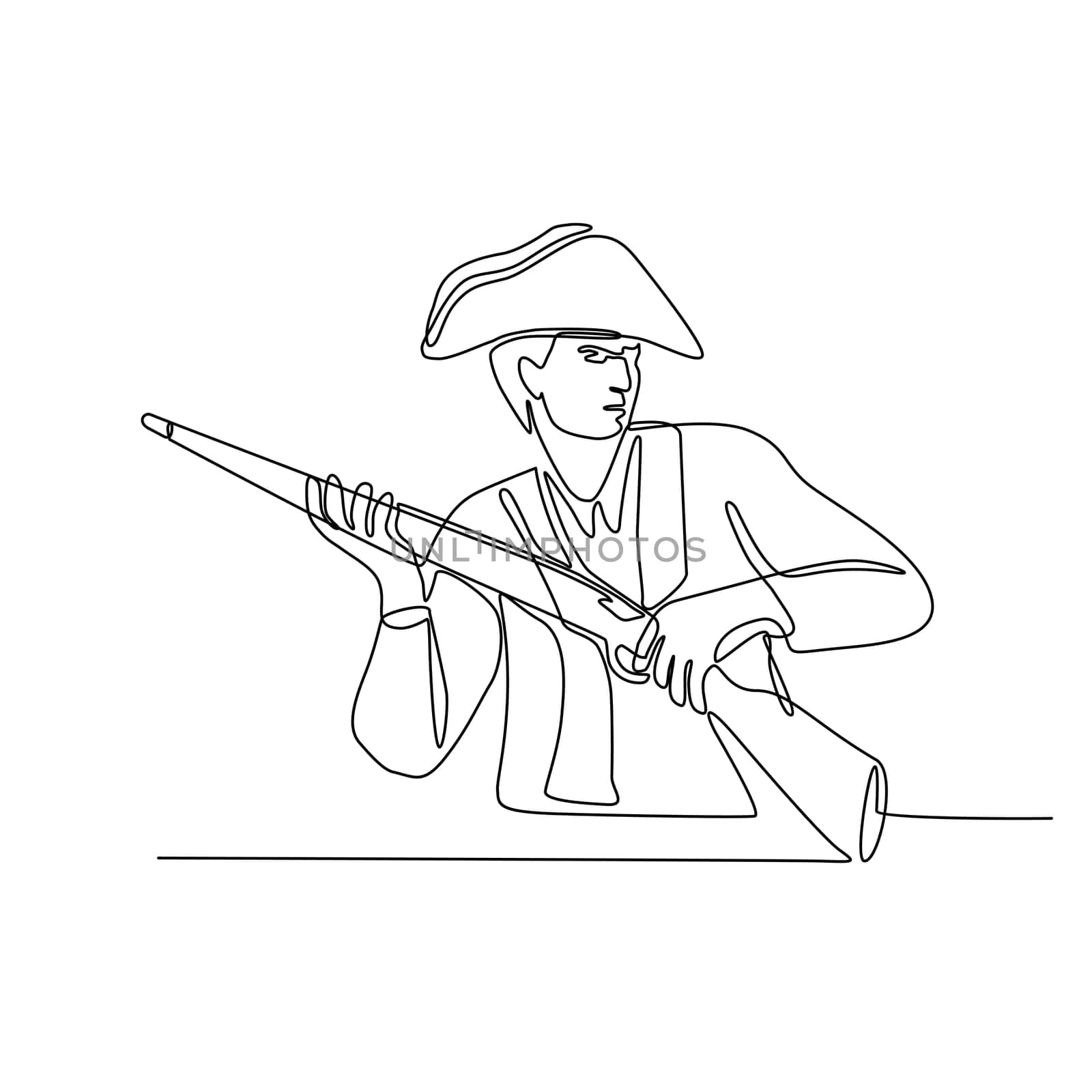 Continuous line illustration of an American minuteman, patriot or revolutionary soldier with musket rifle, a muzzle-loaded long gun done in black and white monoline style.