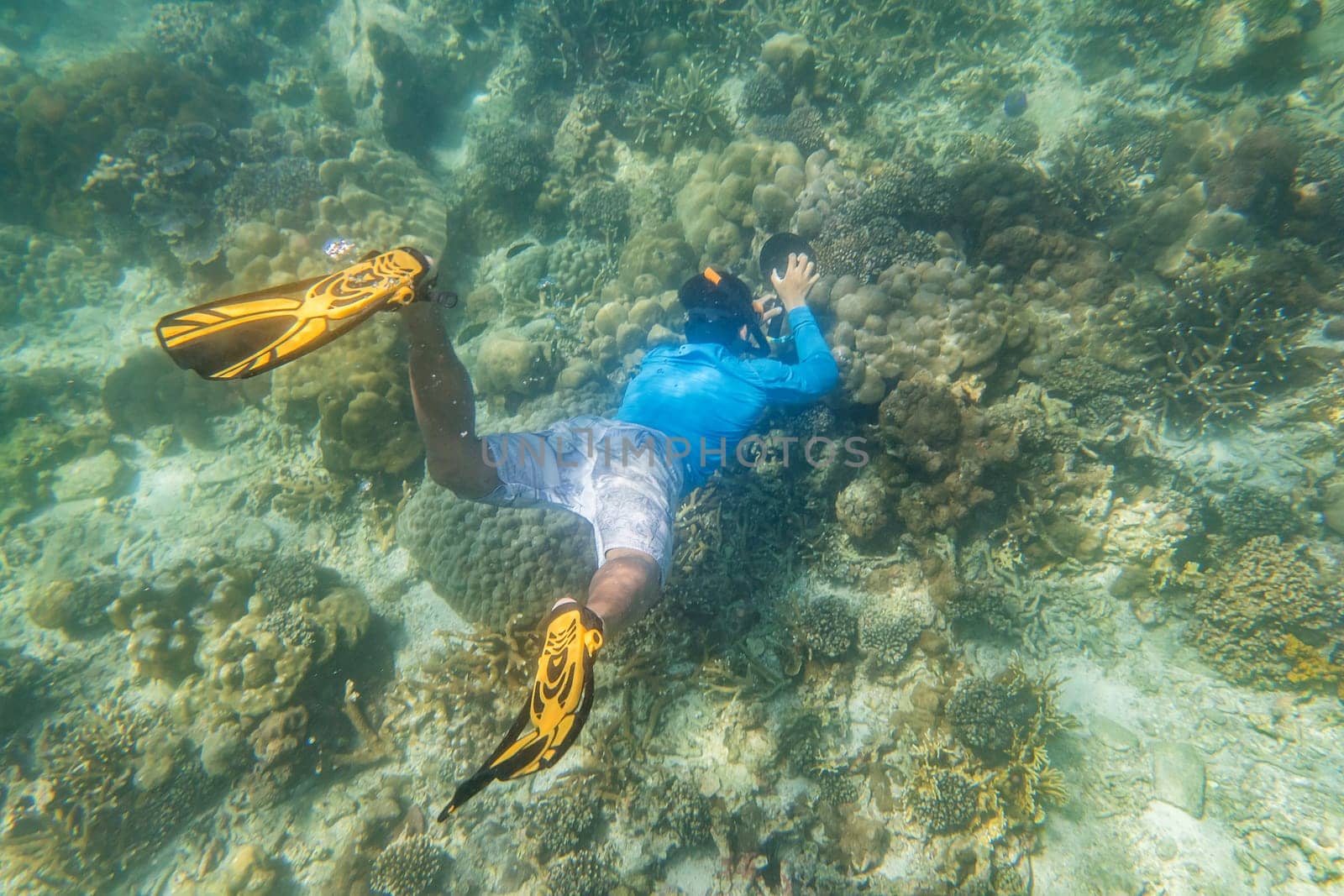 snorkeling diver make a free diving on tropical reef with blue background and reef fish in andaman sea indian ocean Thailand