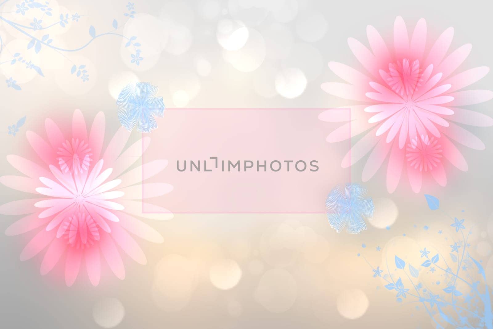 Greeting card template. Abstract festive Mother‘s Day greeting card with pink and blue flowers and a empty light pink frame. Template for mothers day, valentine, wedding or other holidays. Space.