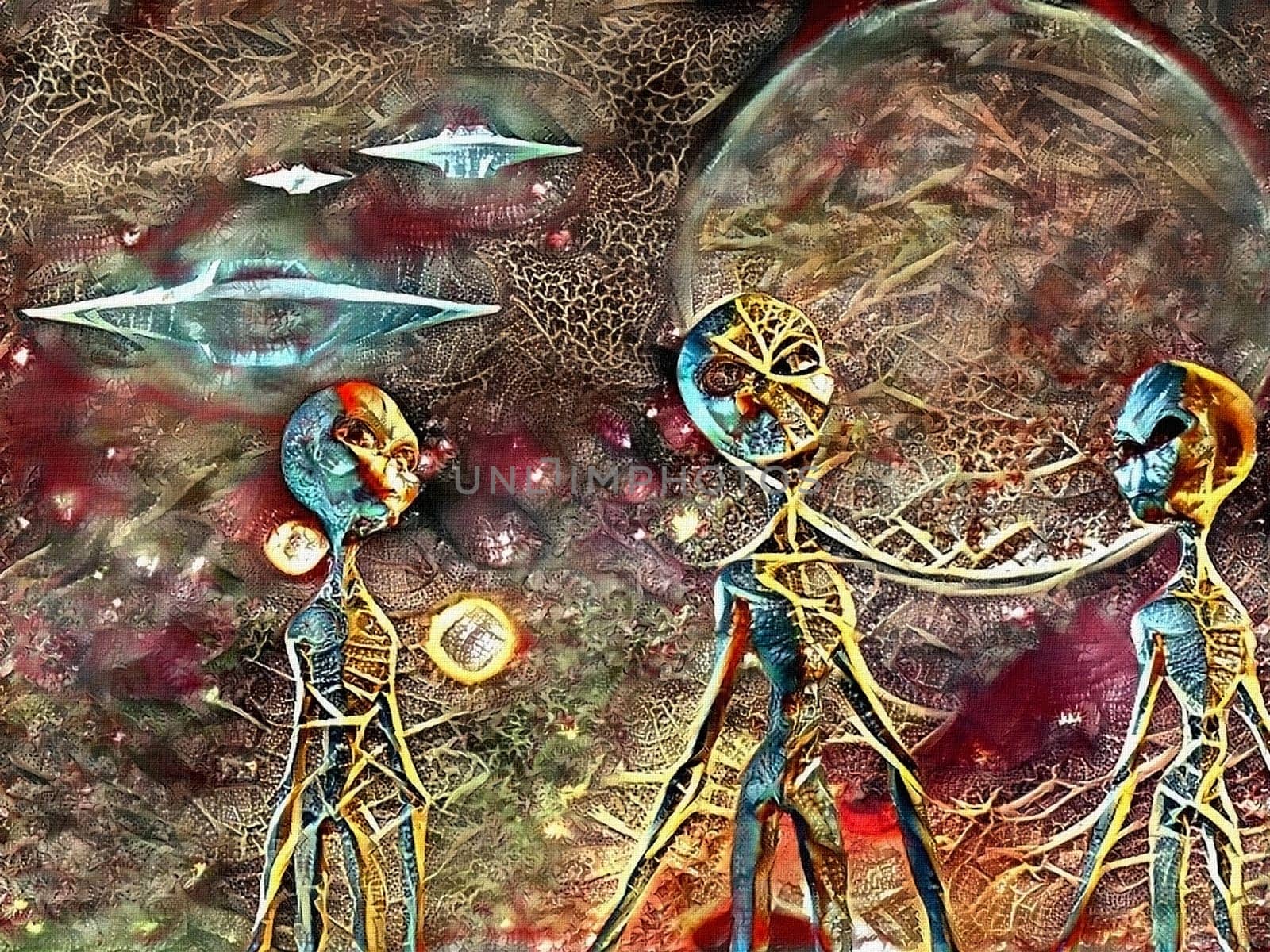 Surreal painting. Three aliens. Flying saucers in the sky