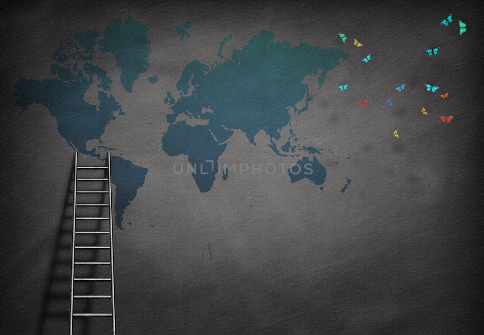 World map on a gray wall. Ladder.
