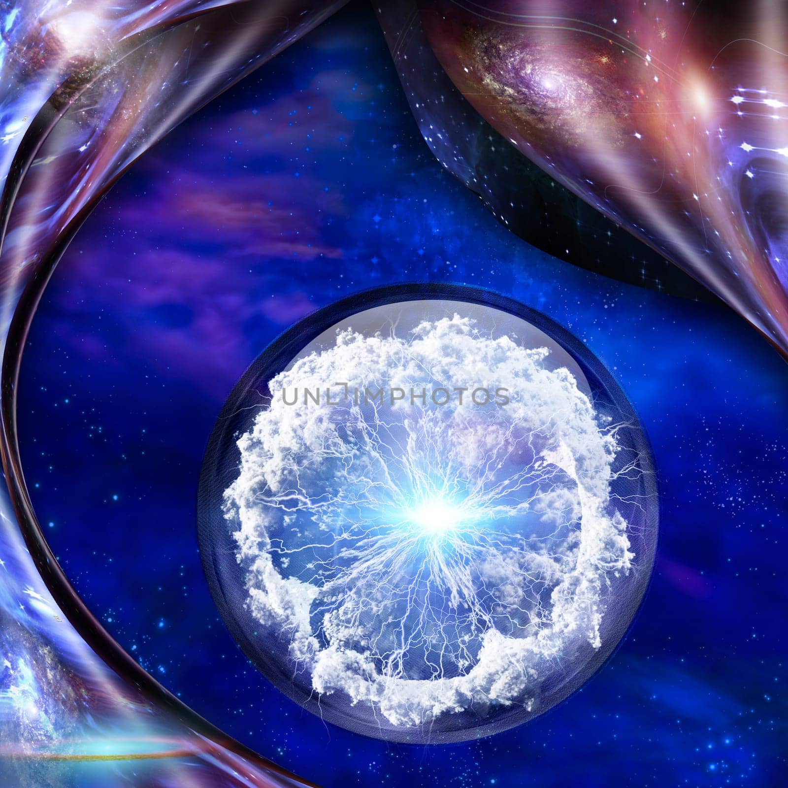 Abstraction. Bunch of lightnings. Pure energy inside crystal ball