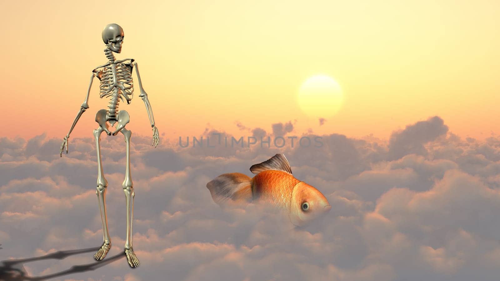 Skeleton and golden fish on a cloud.