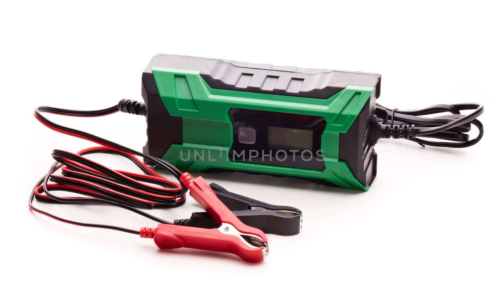 Smart multi purpose battery charger. Car battery charger isolated on a white background. Concept of service, maintenance, charging car battery, diy