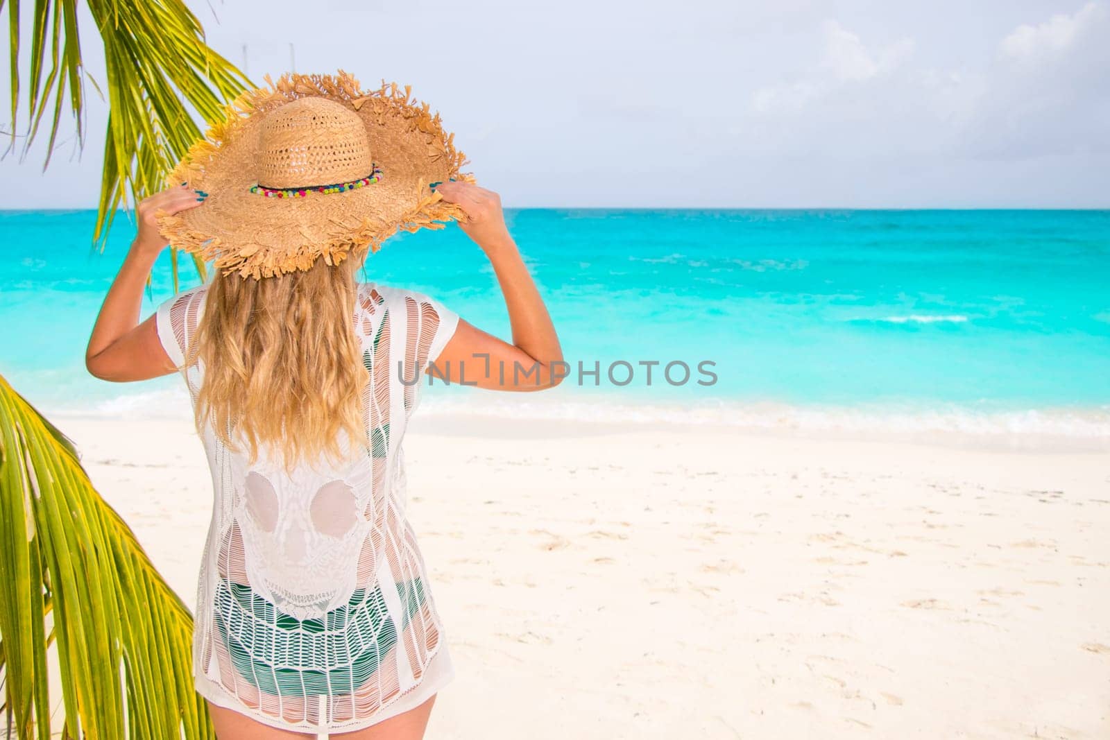 Gorgeous woman with sun hat on the dream beach