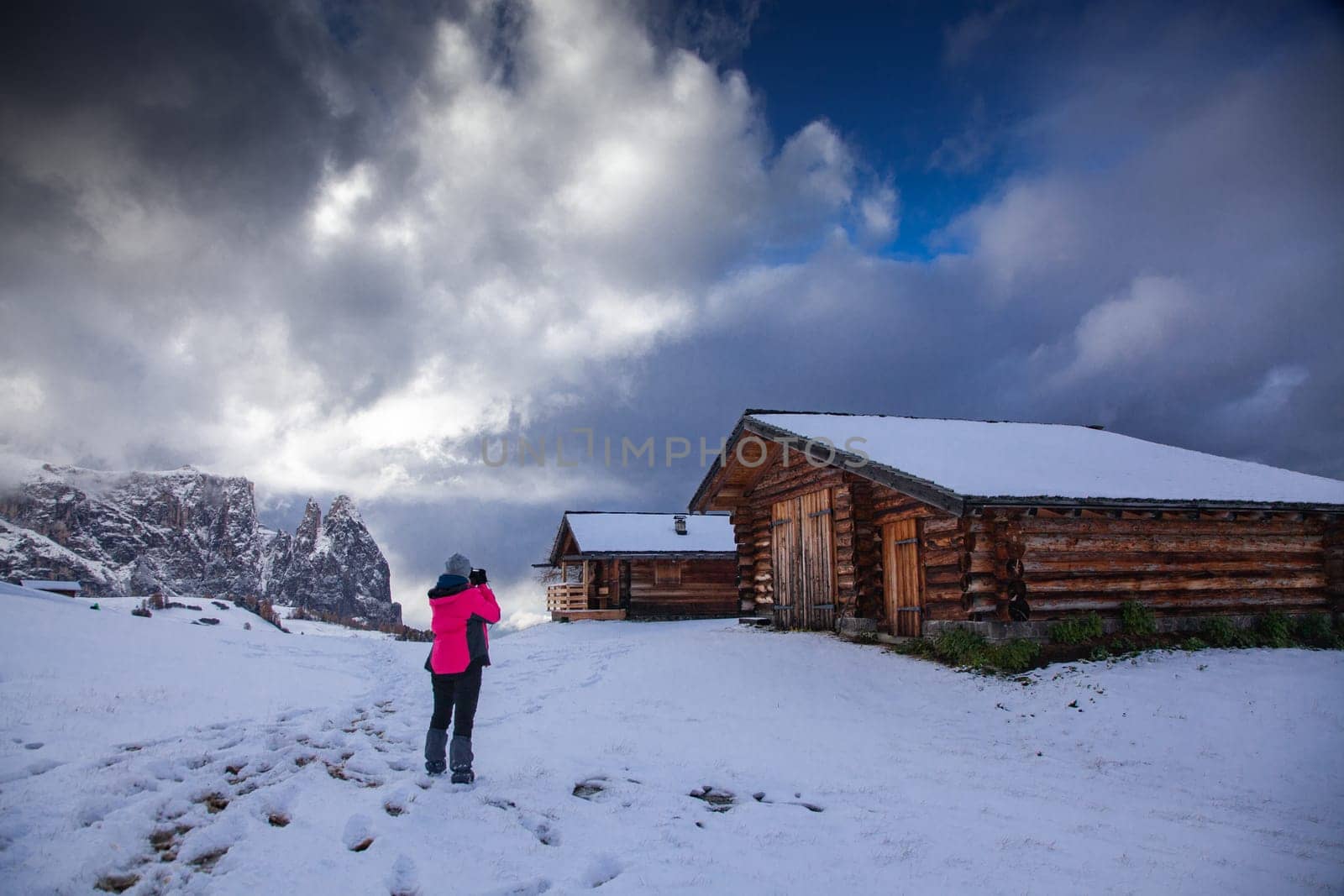 snowy early winter landscape in Alpe di Siusi.  Dolomites,  Italy - winter holidays destination