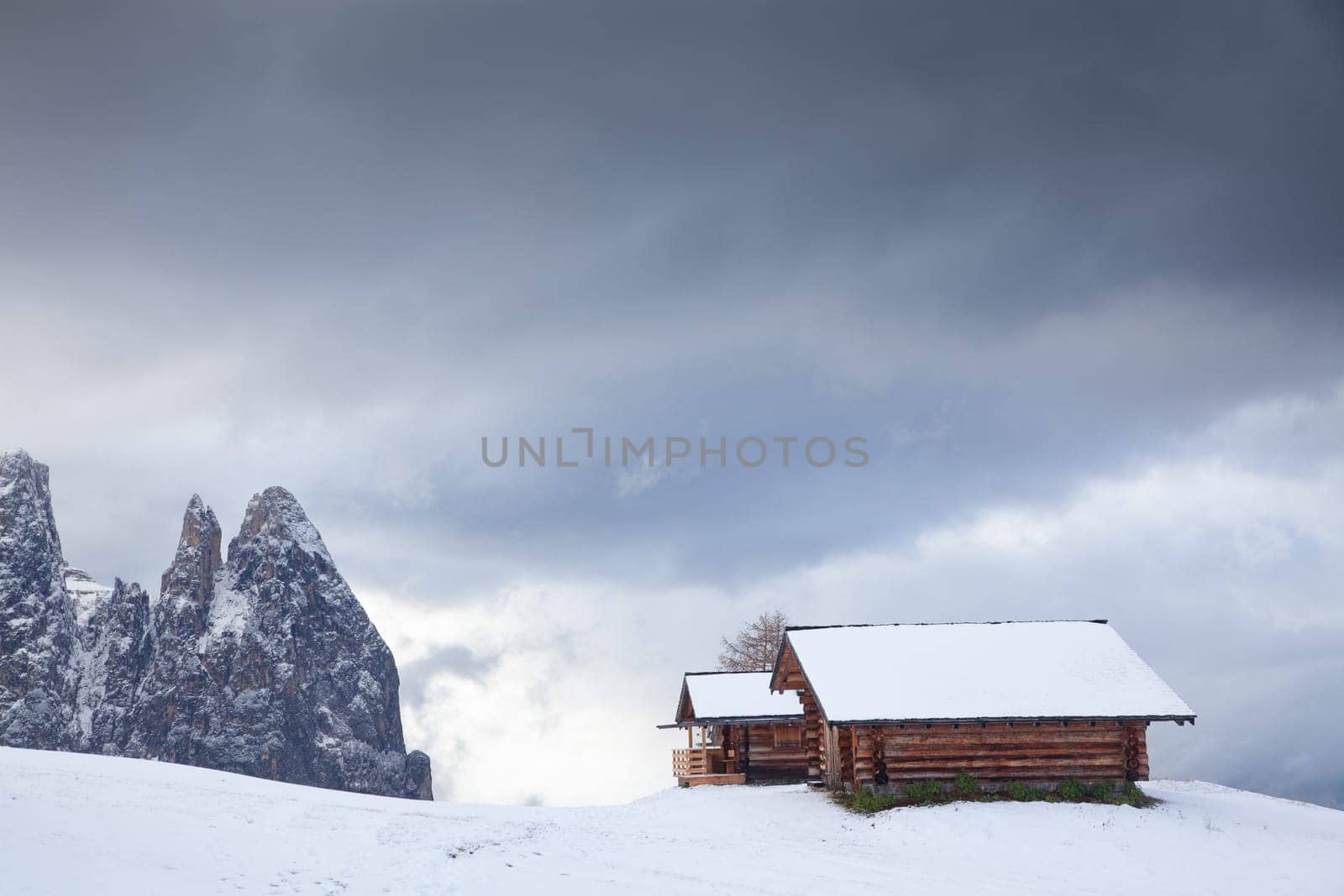 snowy early winter landscape in Alpe di Siusi.  Dolomites,  Italy - winter holidays destination