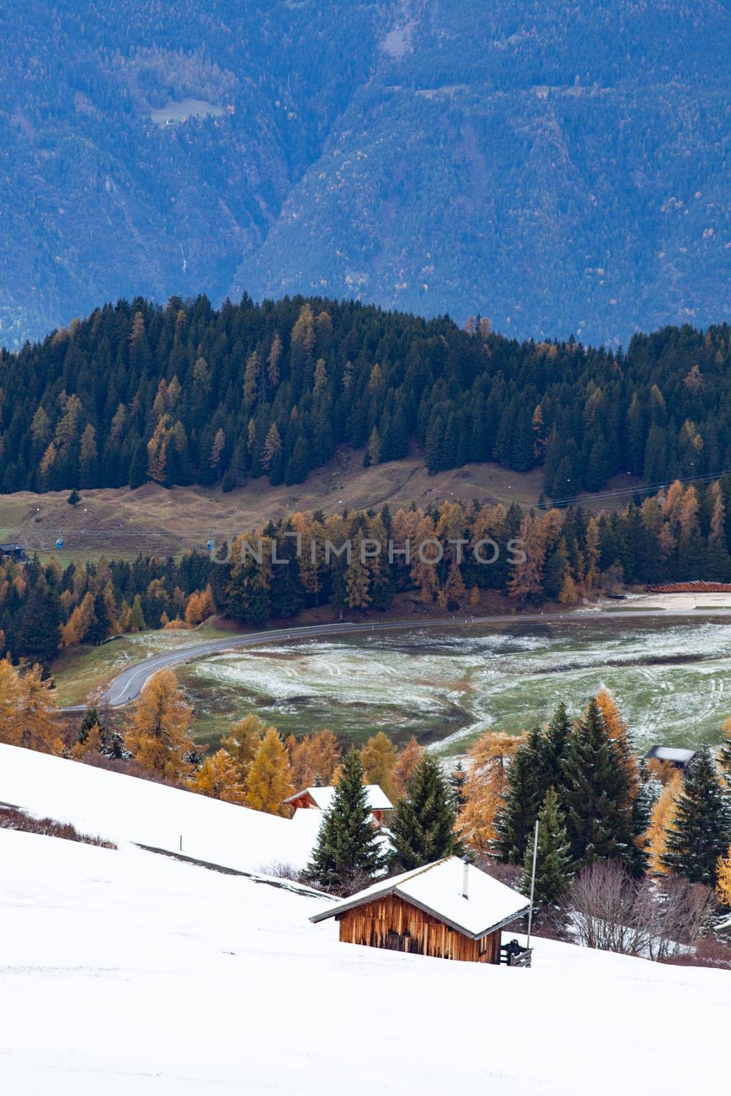 snowy early winter landscape in Alpe di Siusi.  Dolomites,  Italy - winter holidays destination