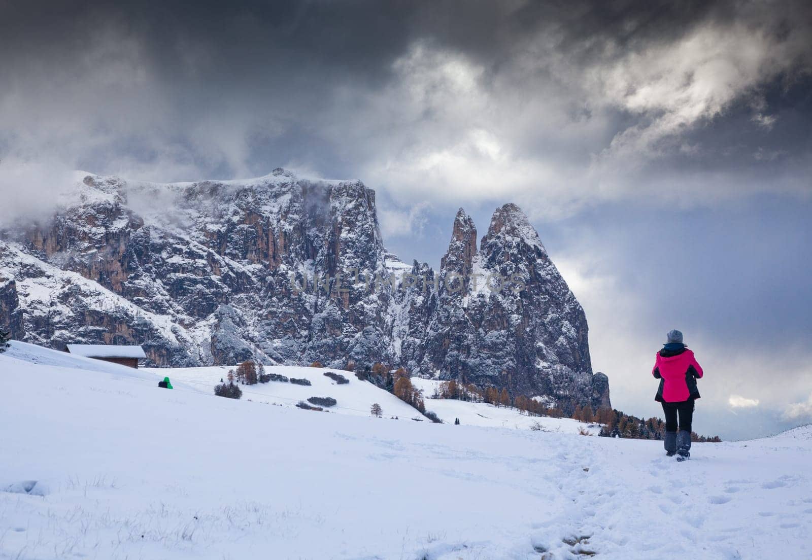 snowy early winter landscape in Alpe di Siusi.  Dolomites,  Italy - winter holidays destination