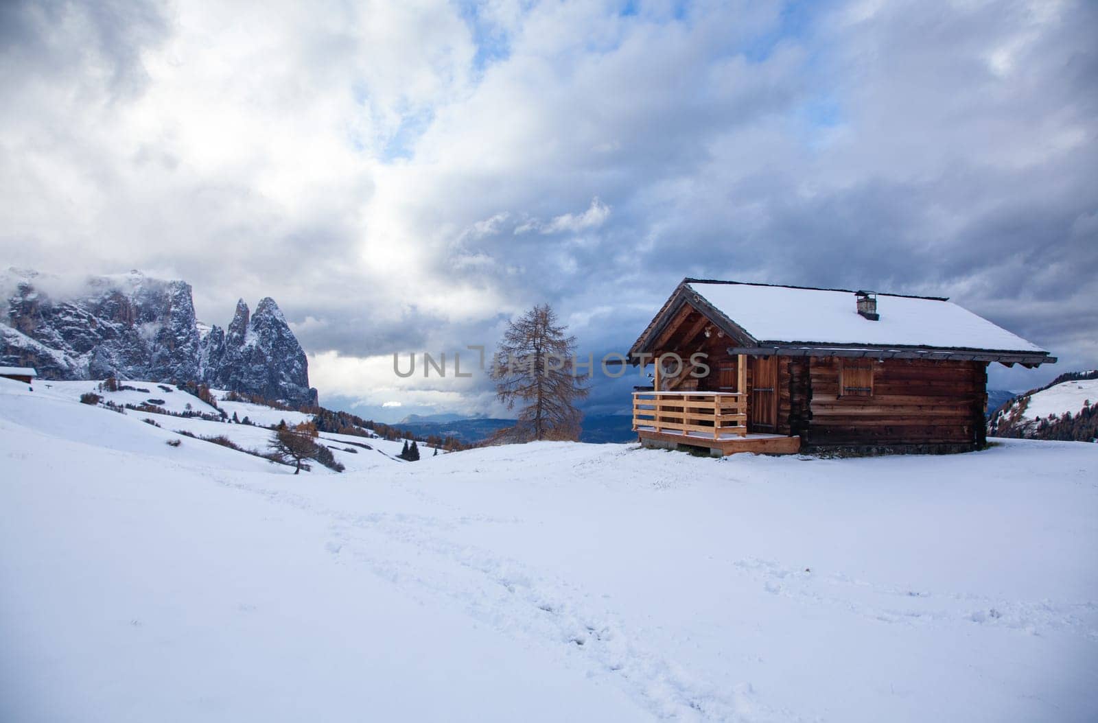 snowy early winter landscape in Alpe di Siusi.  Dolomites,  Italy - winter holidays destination