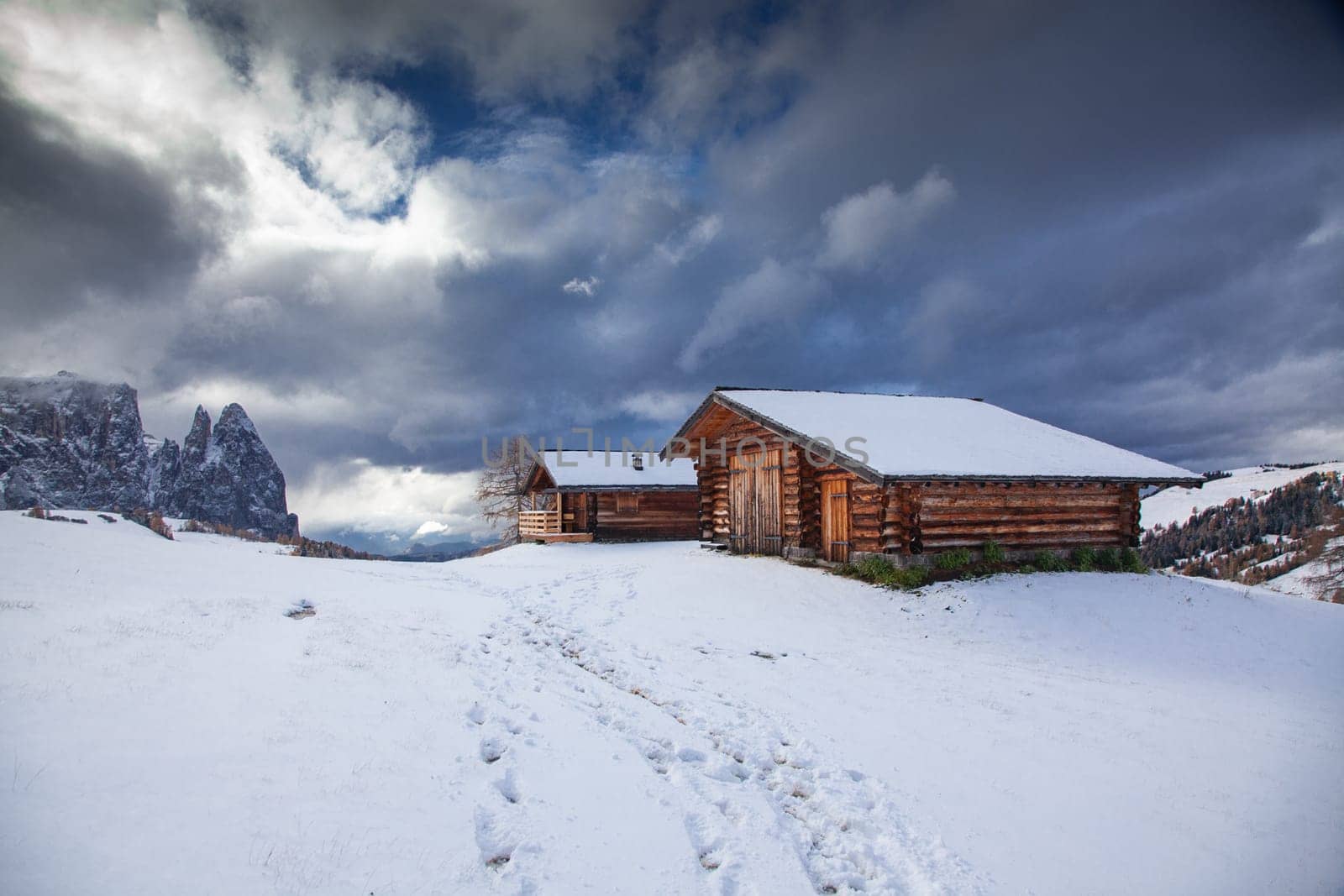 snowy early winter landscape in Alpe di Siusi.  Dolomites,  Italy - winter holidays destination
