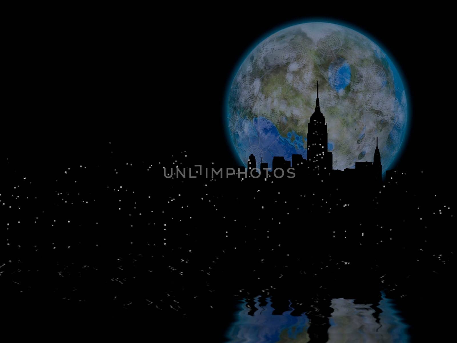 Terraformed moon over night city. 3D rendering