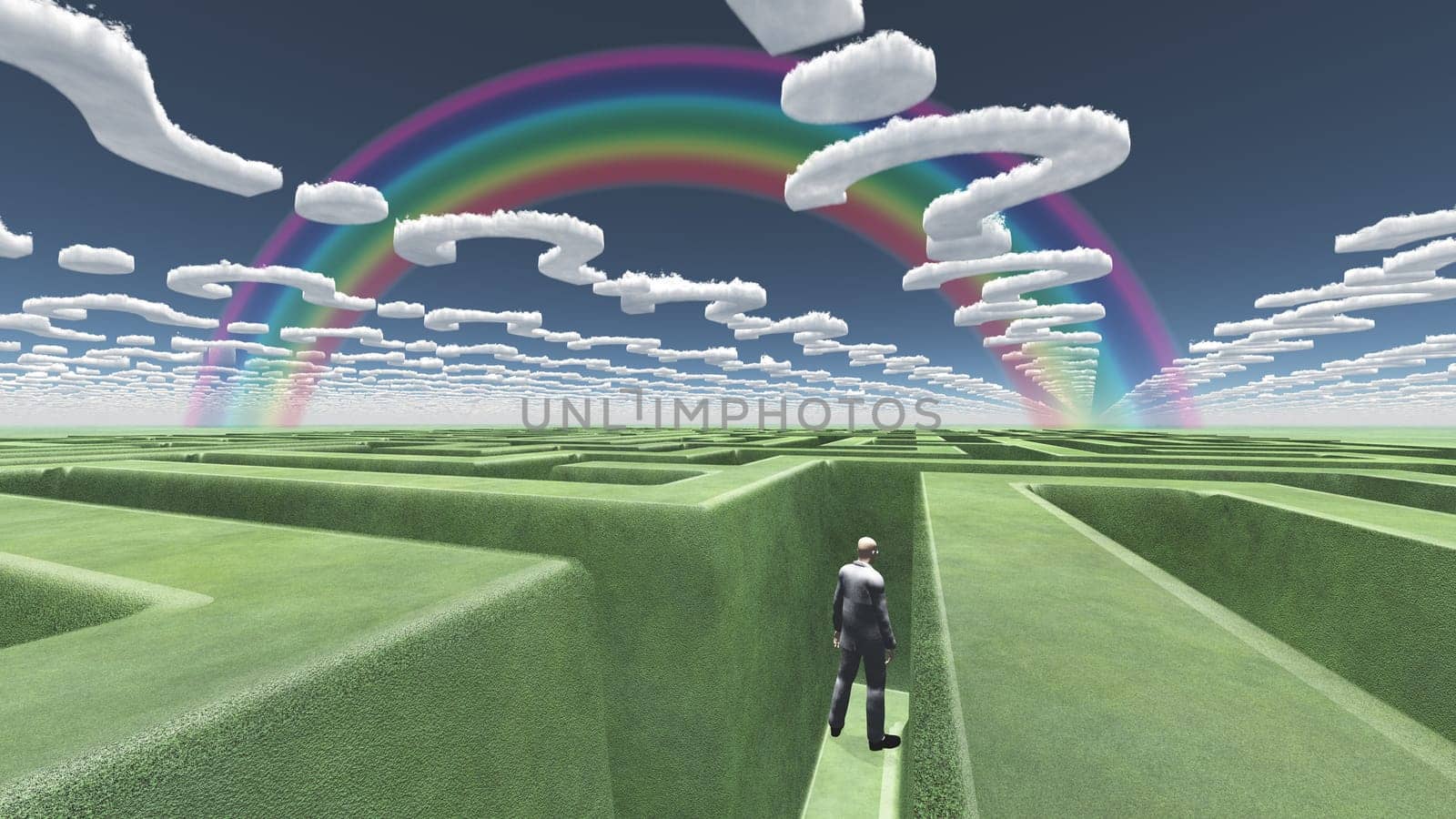 Man in maze with question mark shaped clouds