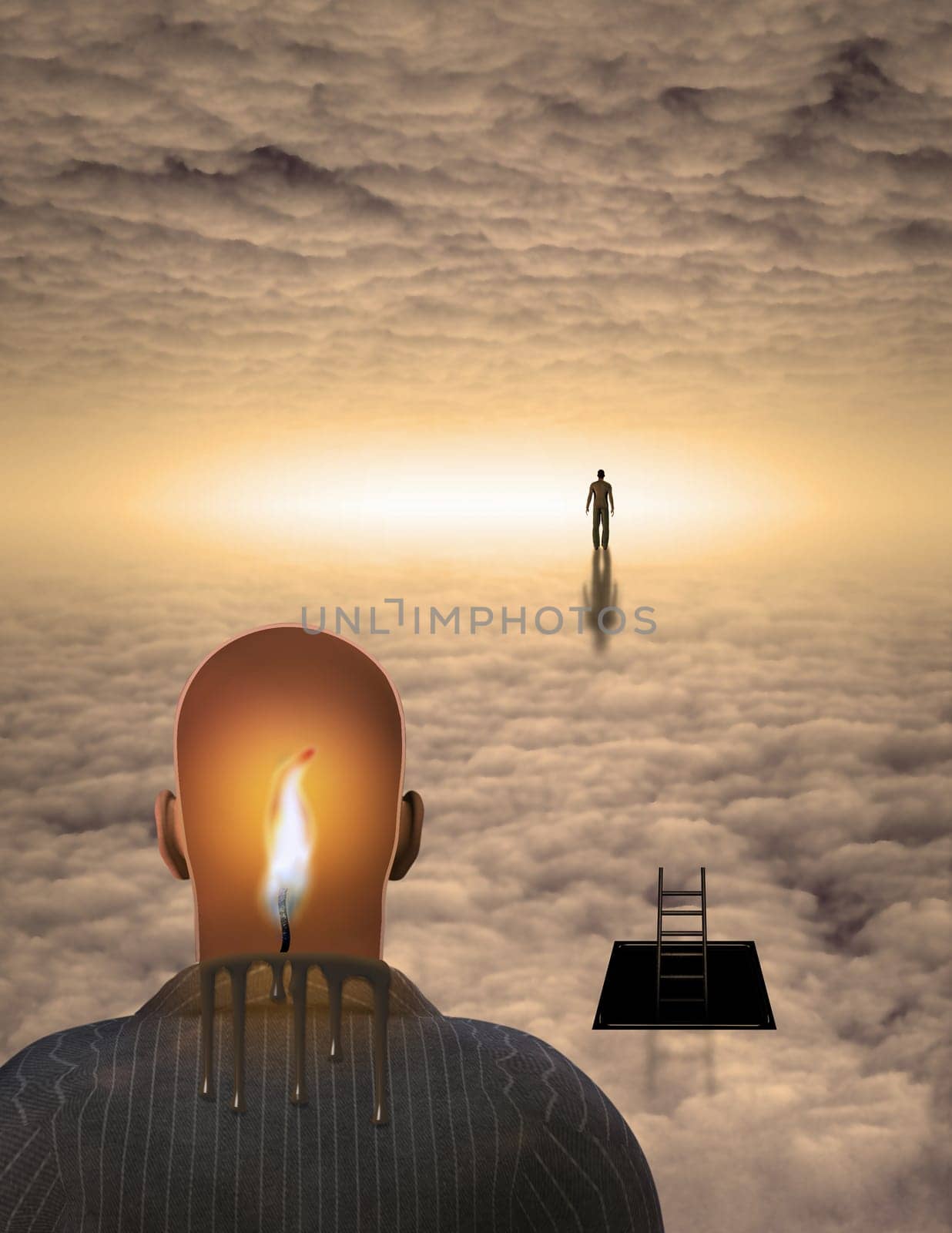 Surrealism. Melting candle in man's head. Figure of man in a distance.