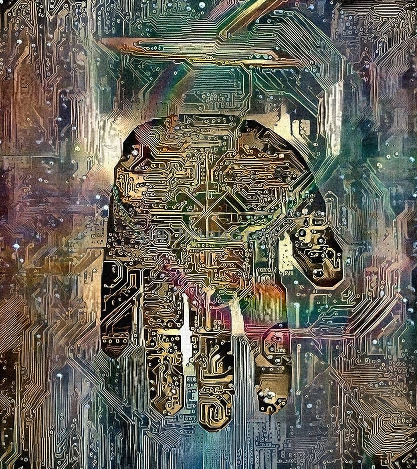 Abstract painting of human palm with eye and electronic circuit pattern