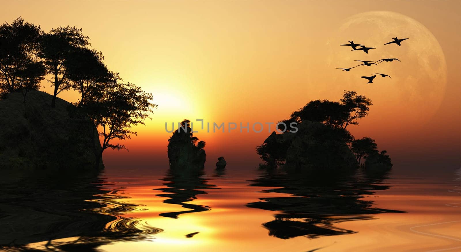 Asia Sunrise. Fantastic islands, birds flies in the sky