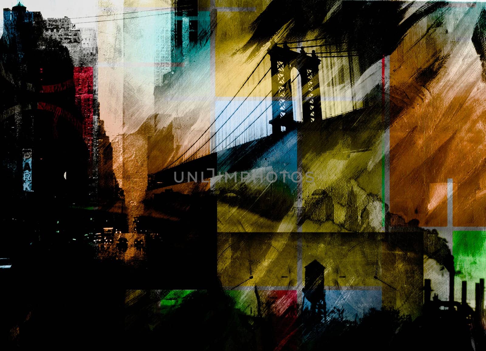 Manhattan bridge. Dramatic painting in dark colors.