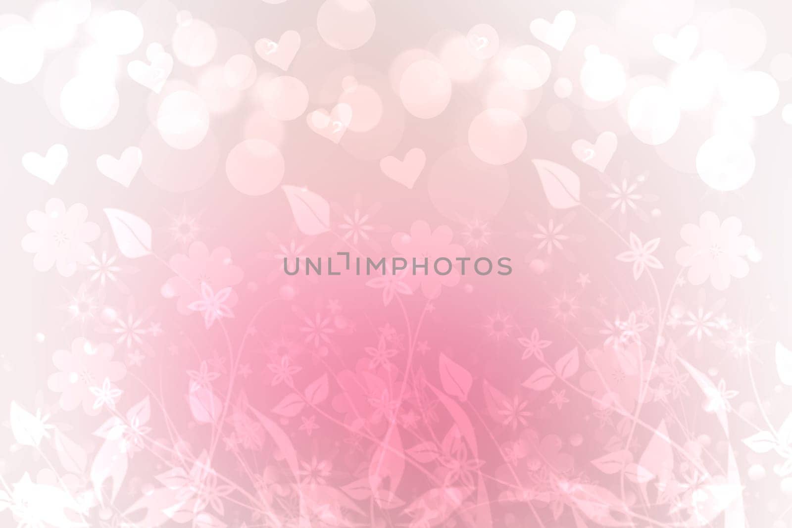 Greeting card template. Abstract festive Mother‘s Day greeting card with pink and white flowers and hearts. Template for mothers day, valentine, wedding or other holidays. Beautiful texture.