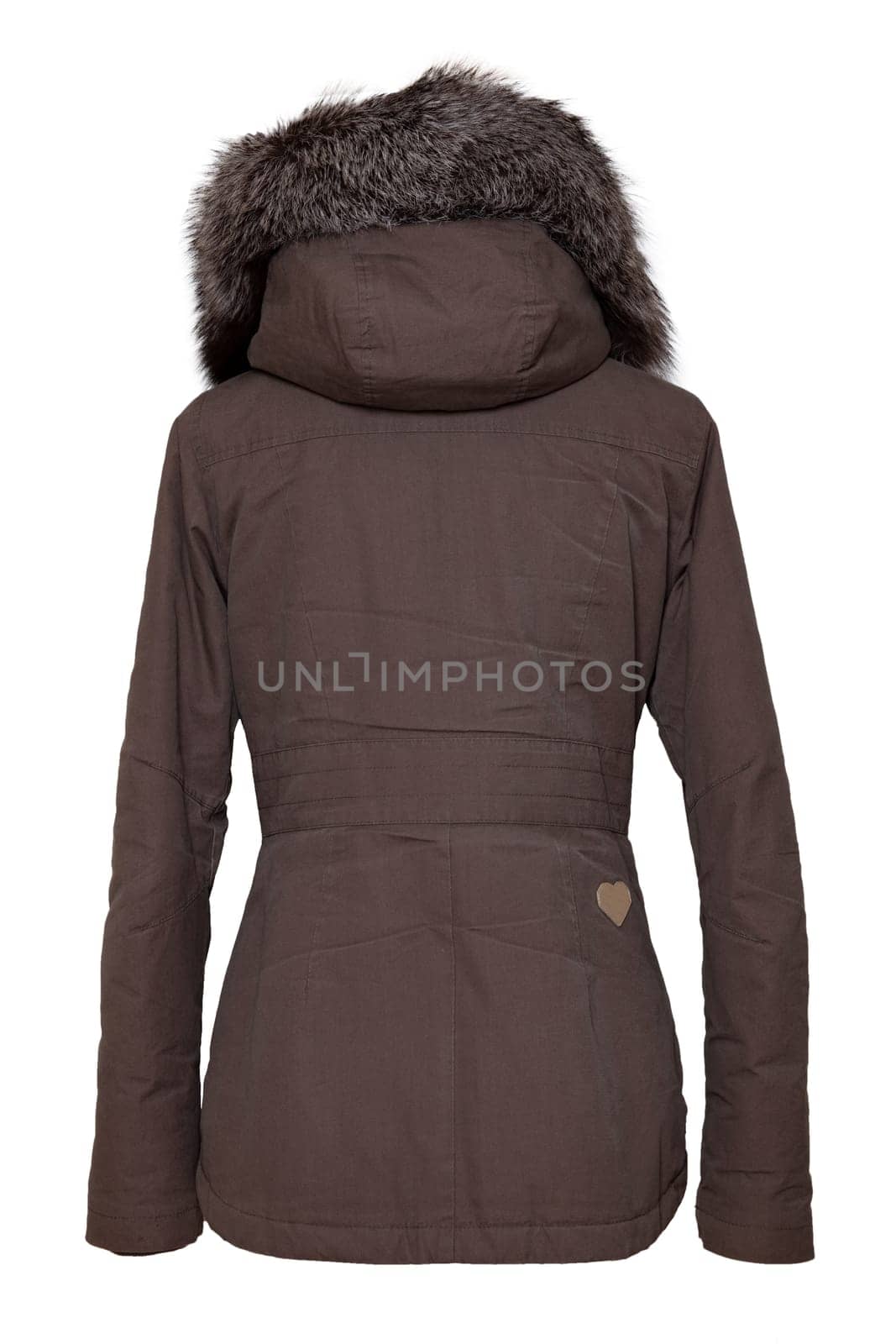 Woman clothes. Stylish brown female winter jacket with fur hood on mannequin isolated on a white background. Winter fashion. Back view.
