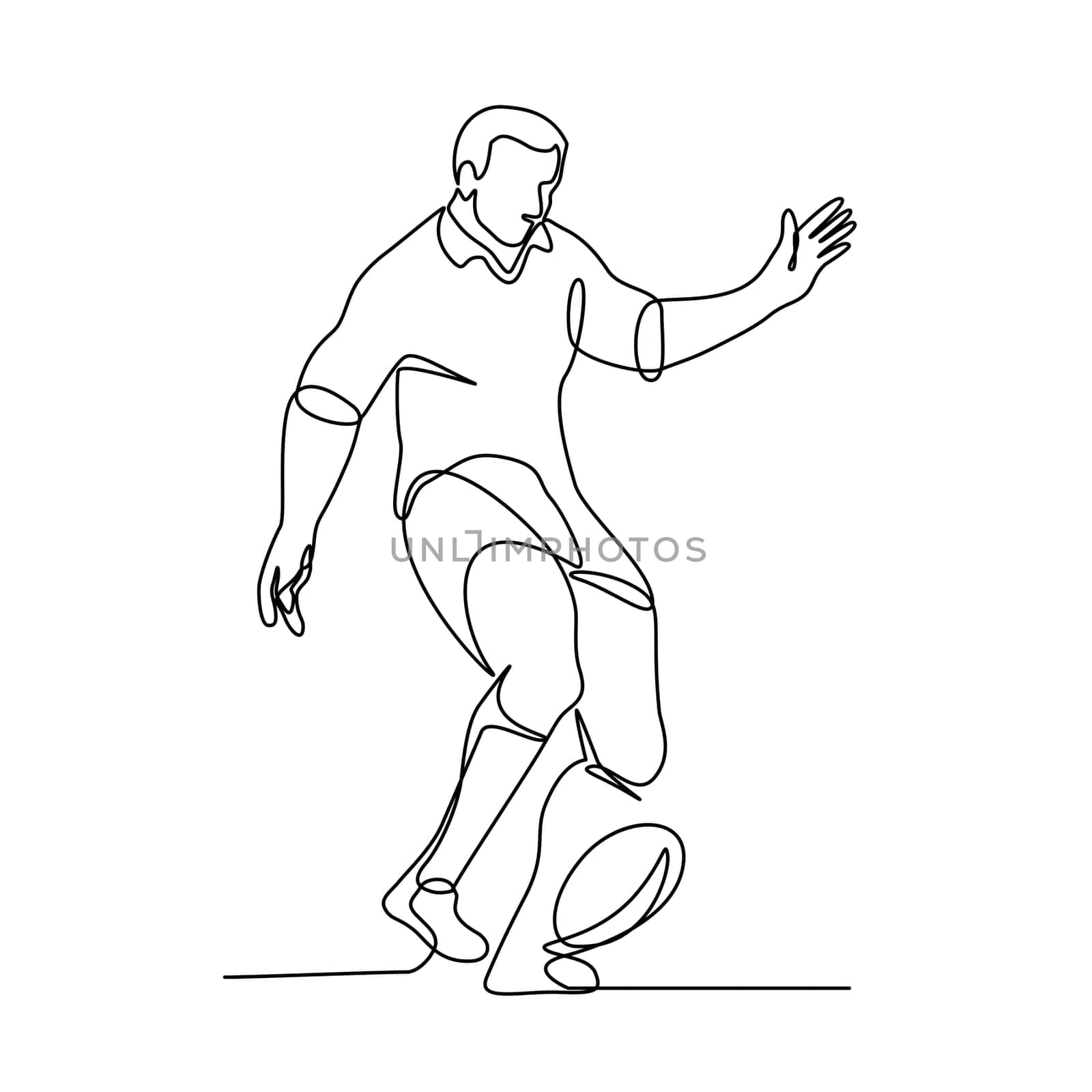 Continuous line illustration of a rugby player kicking the ball for a field goal or kick-off  done in black and white monoline style.