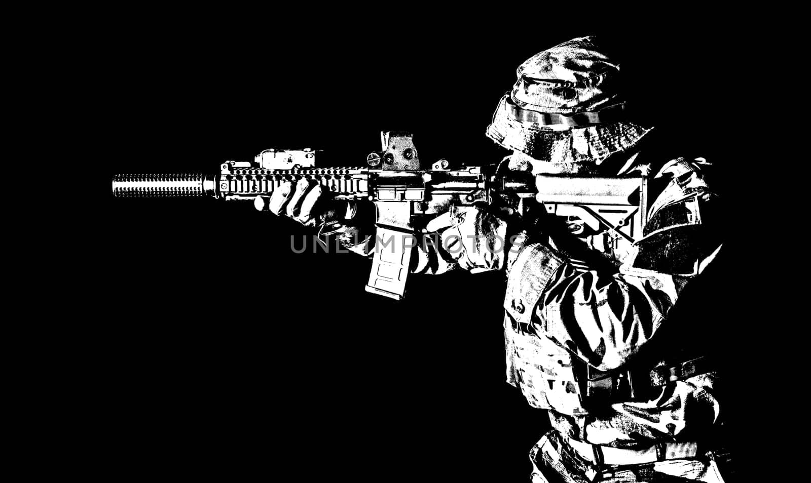 Bearded Special forces United States in Camouflage Uniforms studio shot half length black background, backlit. He is shooting killing enemy, pointing the rifle