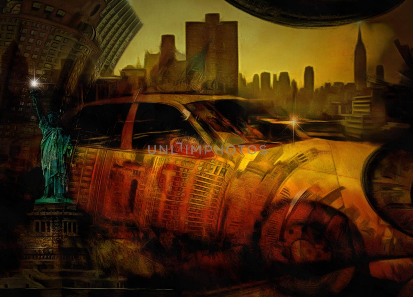 Surreal painting. New York's cityscape. Liberty statue. Yellow cab.