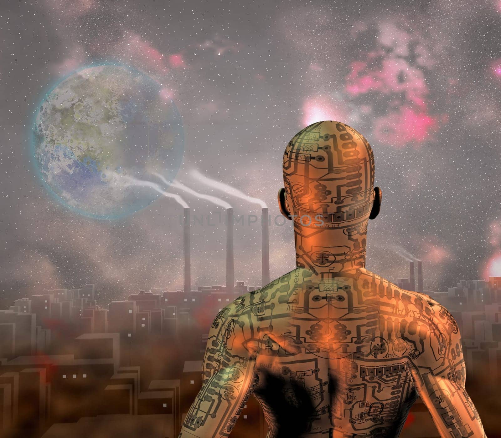 Android before smog filled city with tearraformed moon in sky