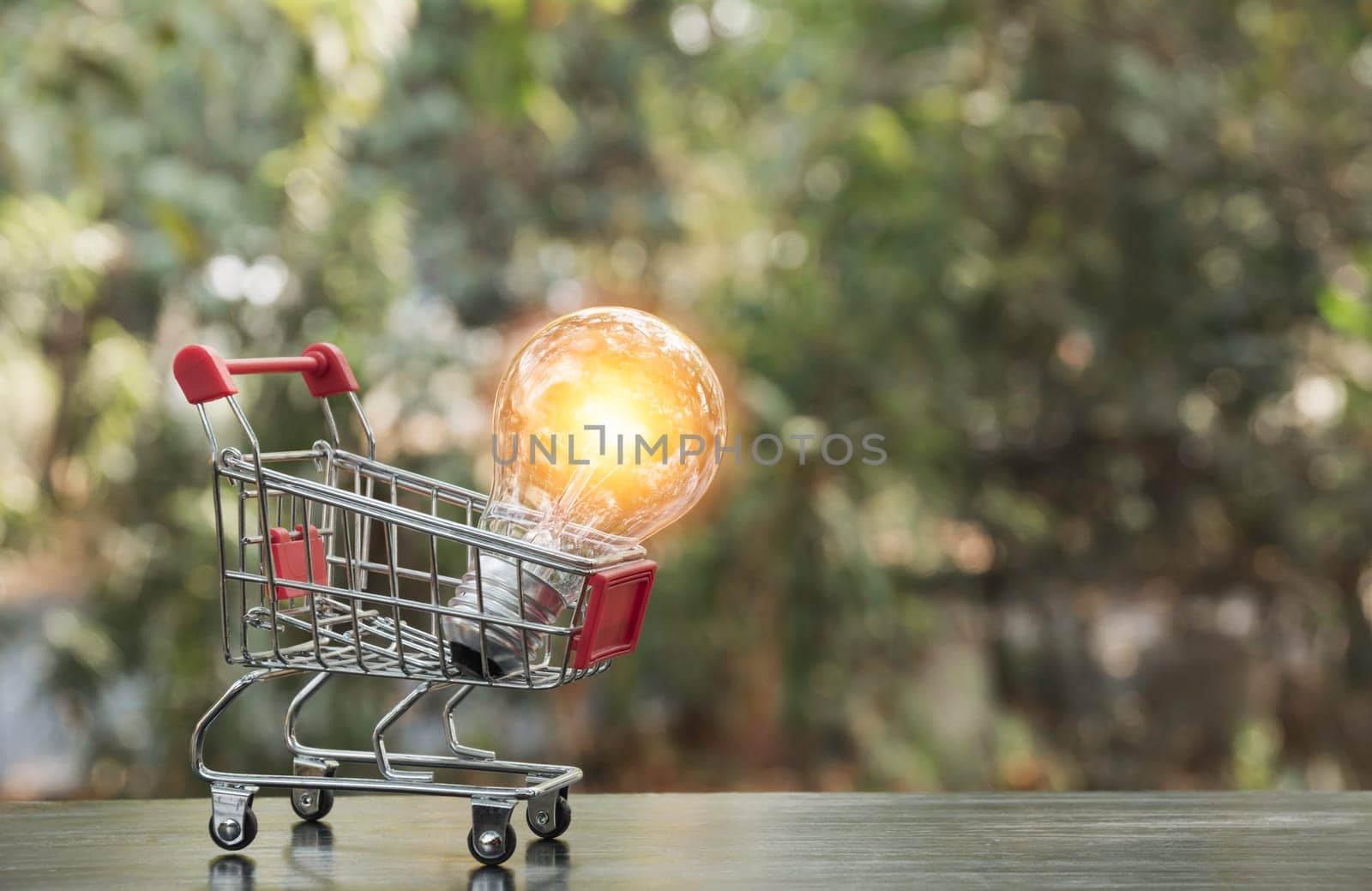 Energy saving light bulb wtih shopping cart financial and shopping concept and copy space for insert text.