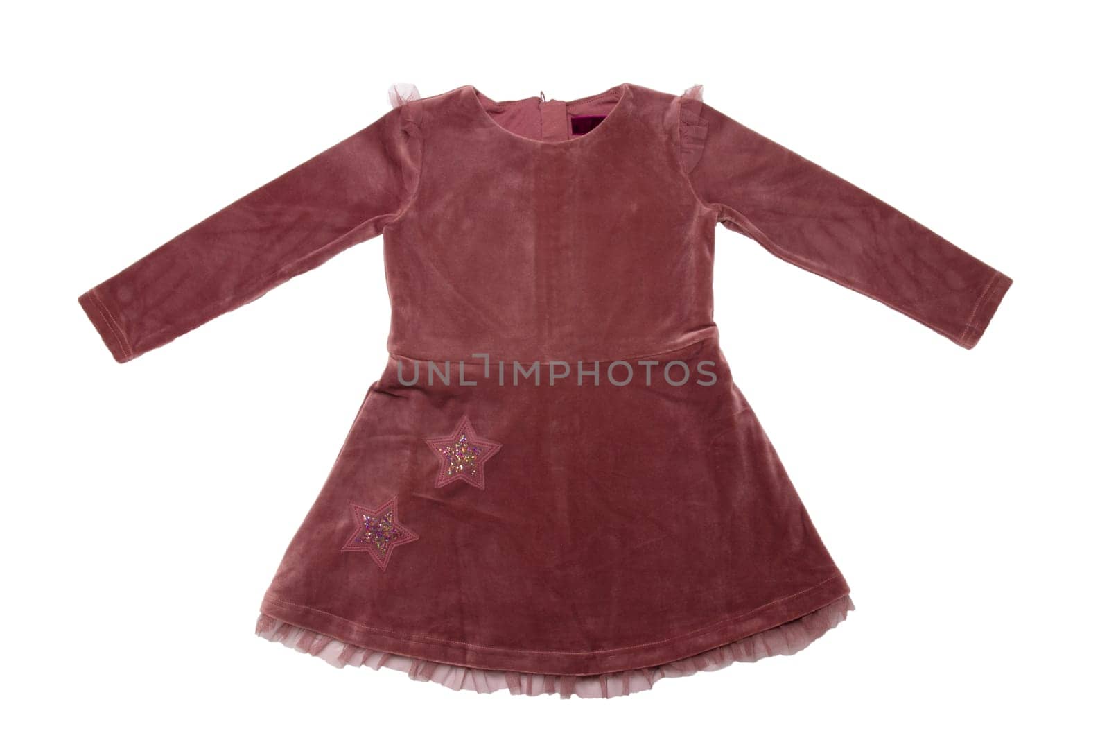 Clothes for children. A beautiful maroon velvet dress with lace for girl isolated on a white background. Children fashion.
