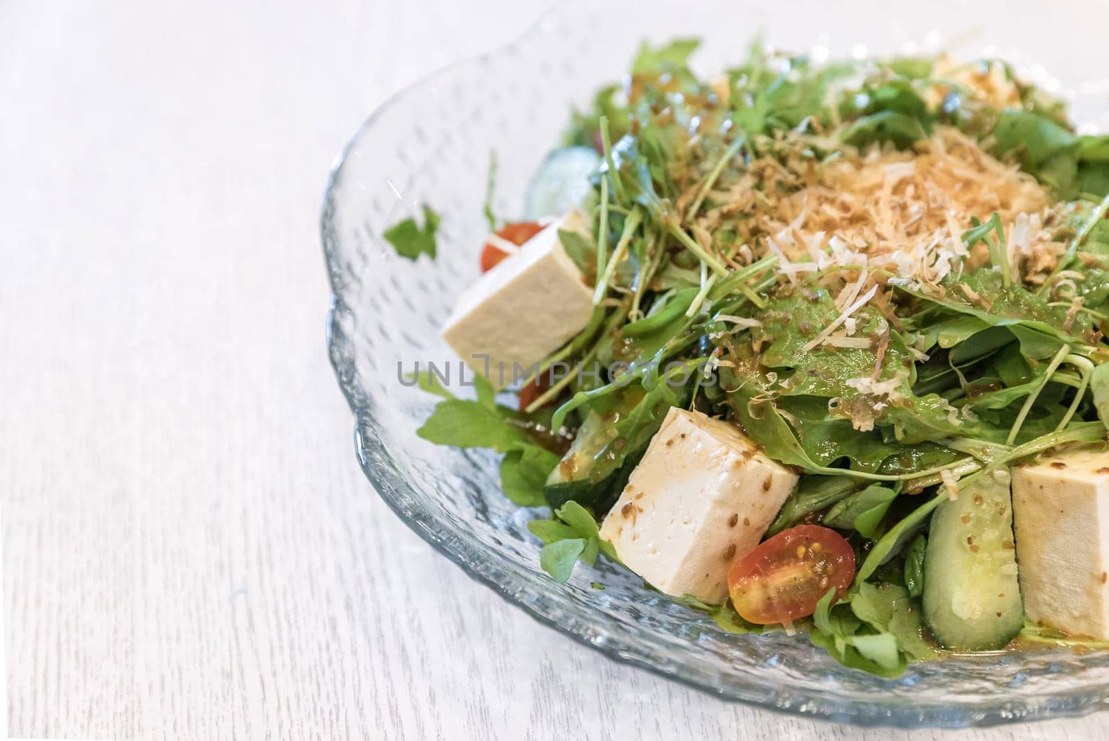 Tofu Salad with Arugula and onsen egg