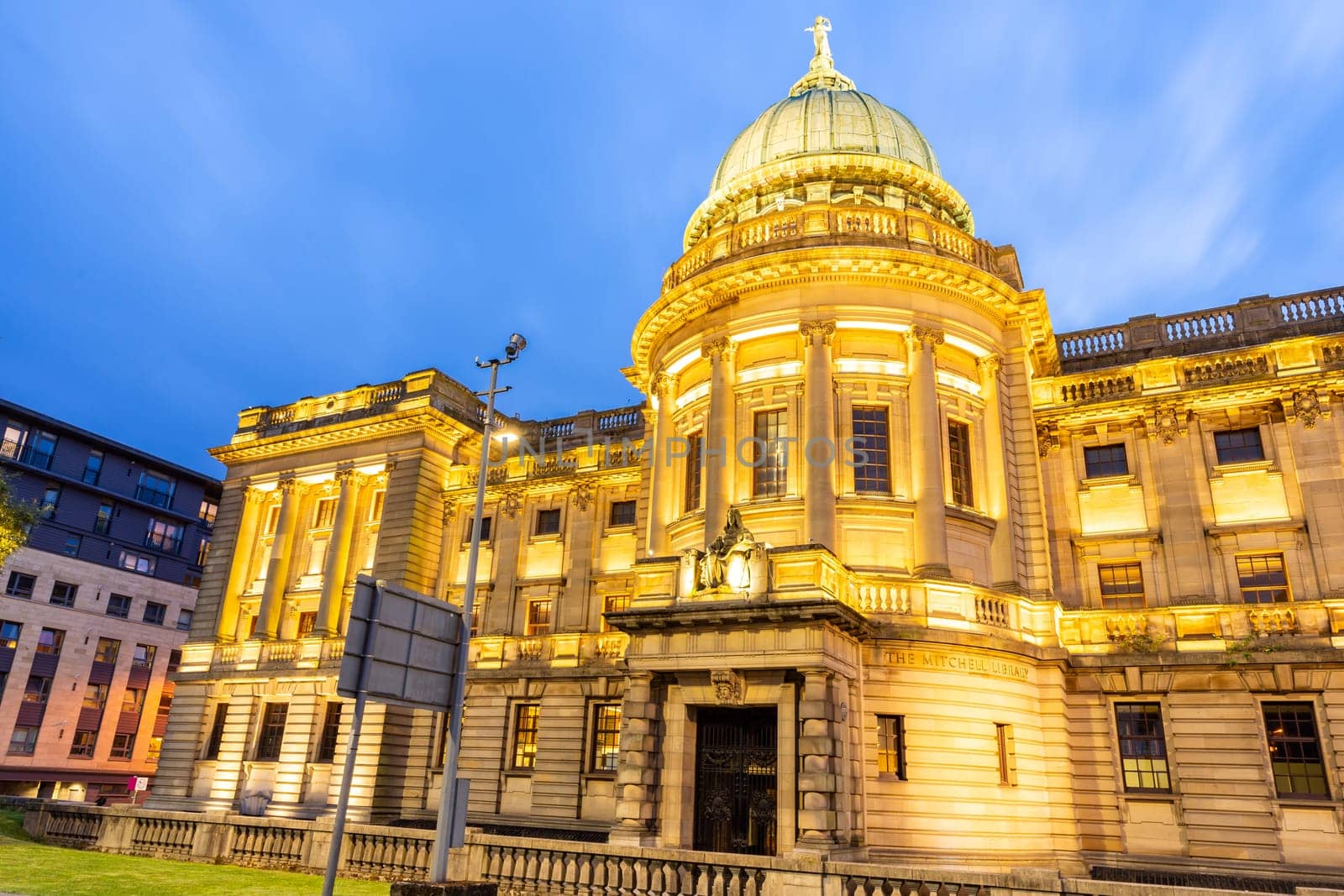 Sunset dusk at Glasgow Mitchell Library public library in Glasgow Scotland UK