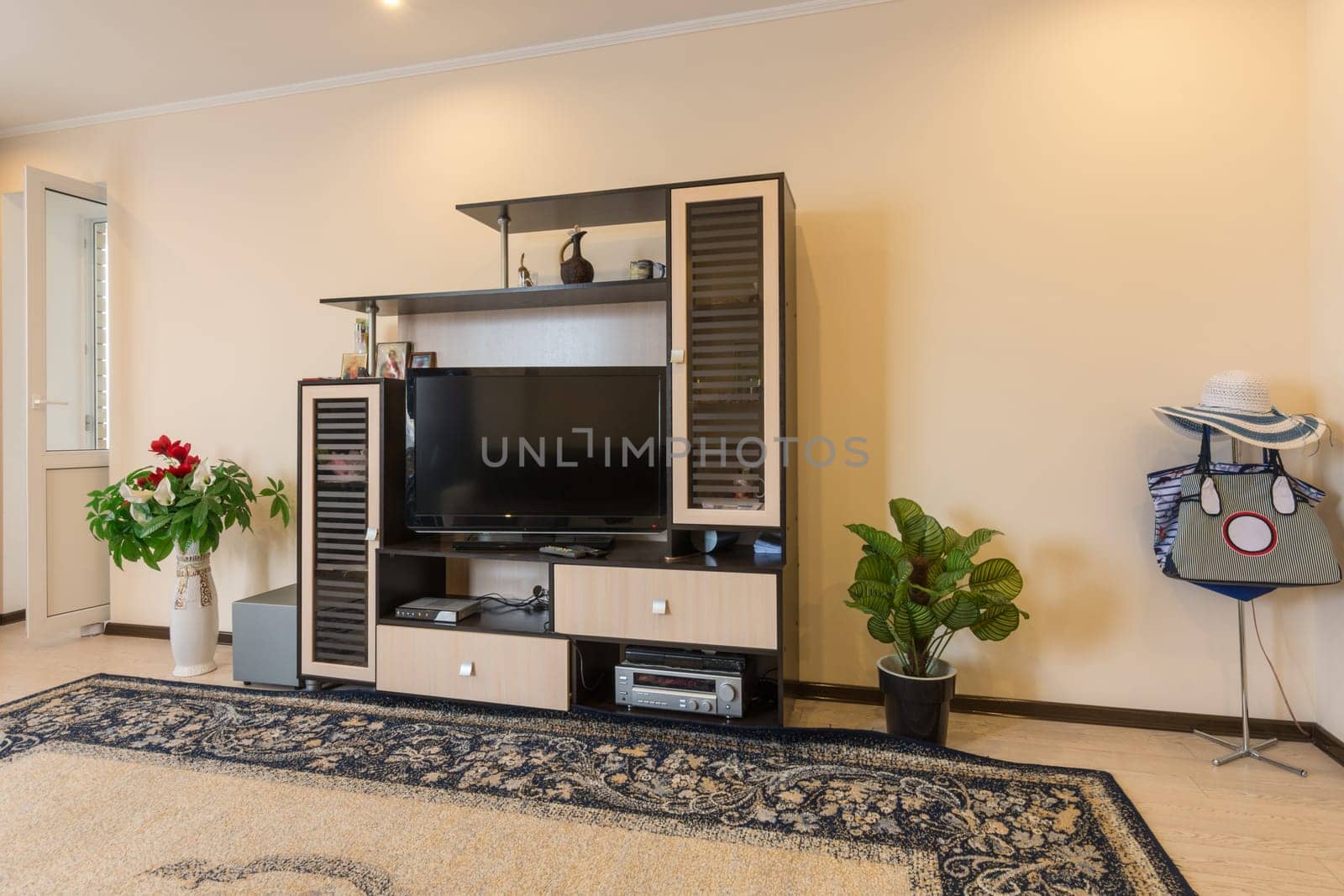 A small wardrobe for TV and music equipment in the interior of the hall
