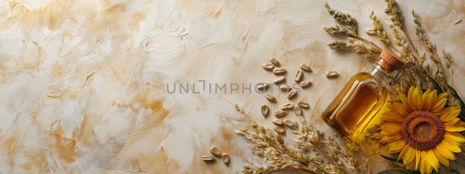 Sunflower oil extract in small bottle on wooden table, Generative AI, food