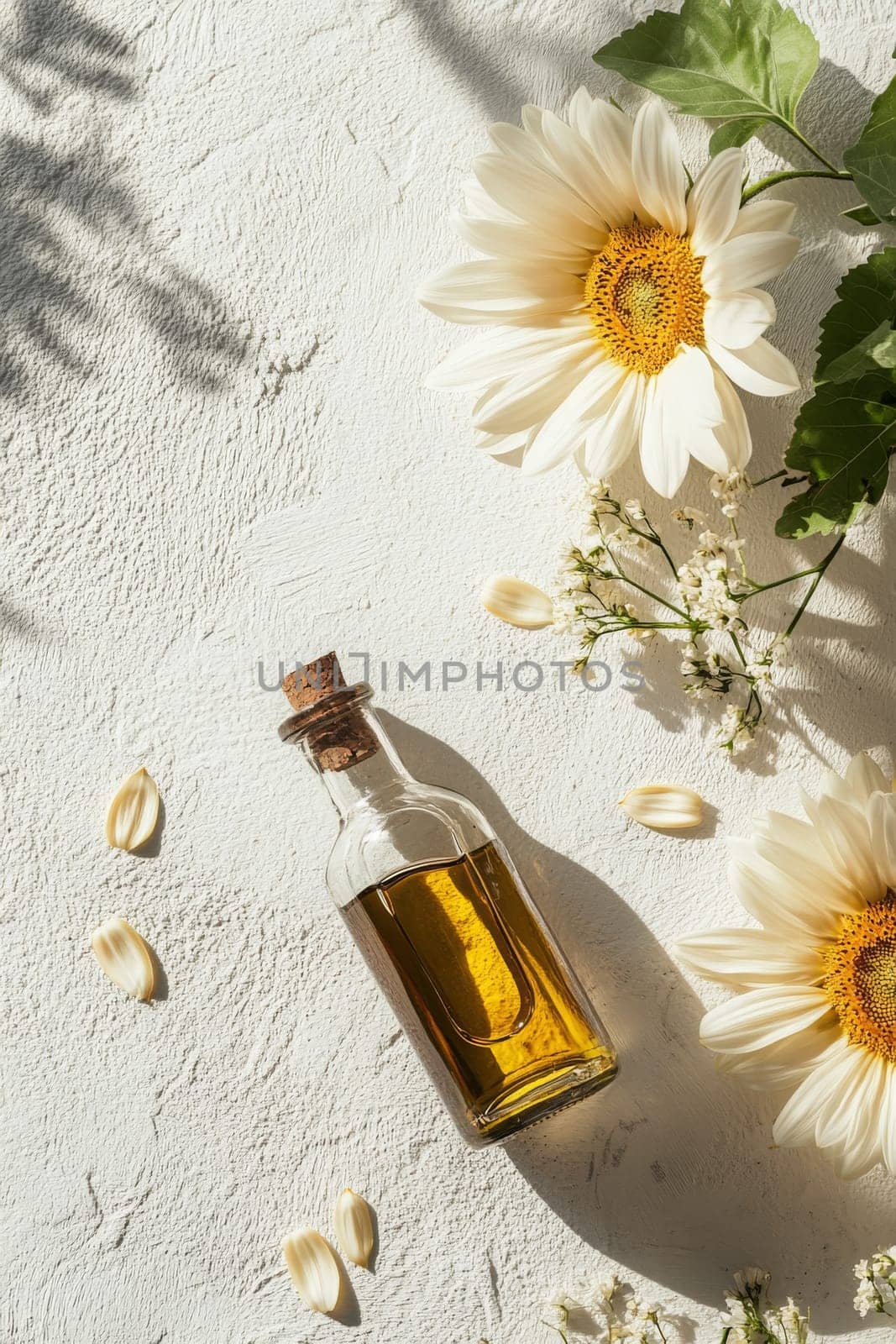 Sunflower oil extract in small bottle on wooden table, Generative AI, food