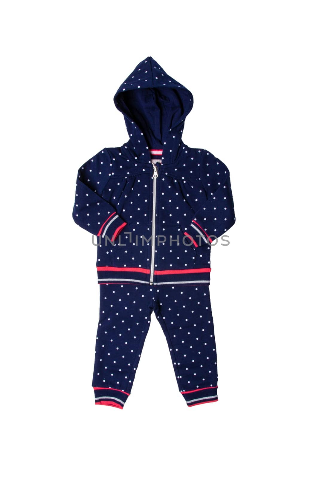 Sport suit isolated. Beautiful sport suit with hood for child girl isolated on a white background. Children sport fashion.