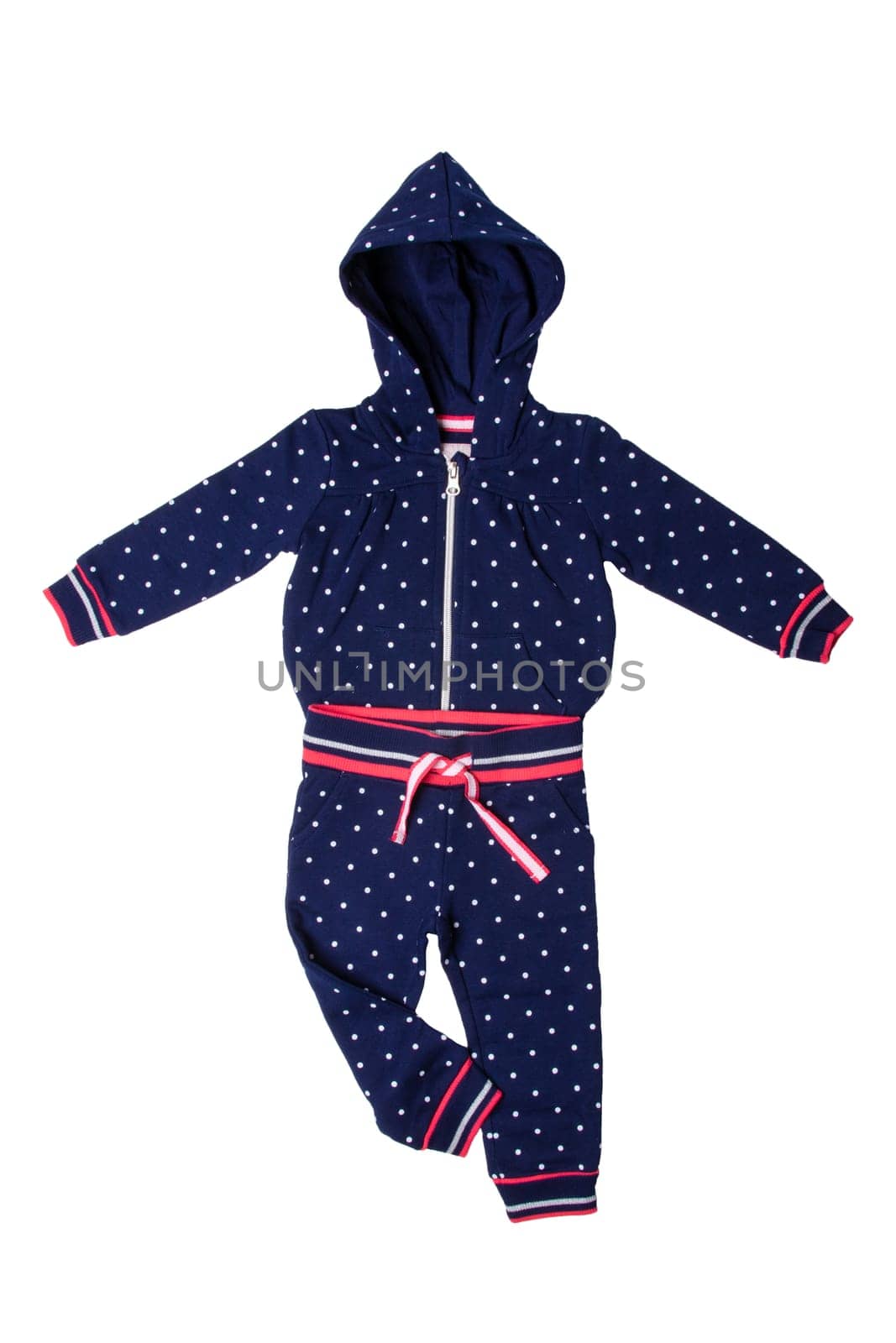 Sport suit isolated. Beautiful sport suit with hood for child girl isolated on a white background. Children sport fashion.