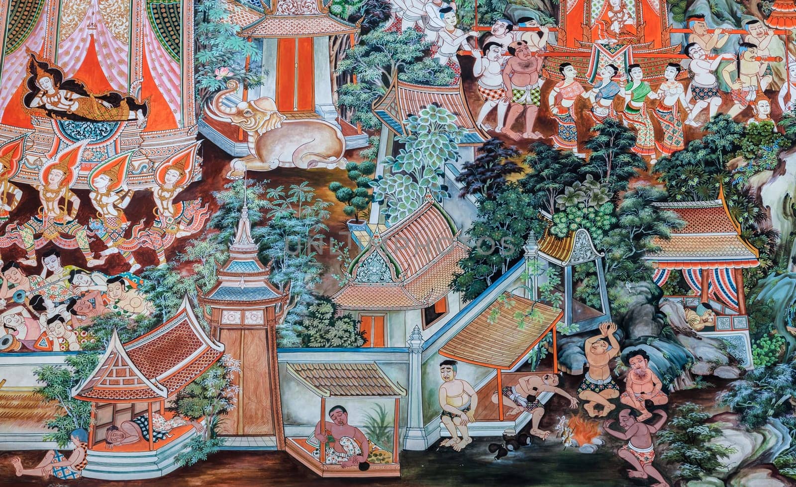 Suphanburi, Thailand - January 31, 2014 : Buddhist temple mural painting (The life of Buddha) inside of Wat Sampasiw in Suphan Buri, Thailand