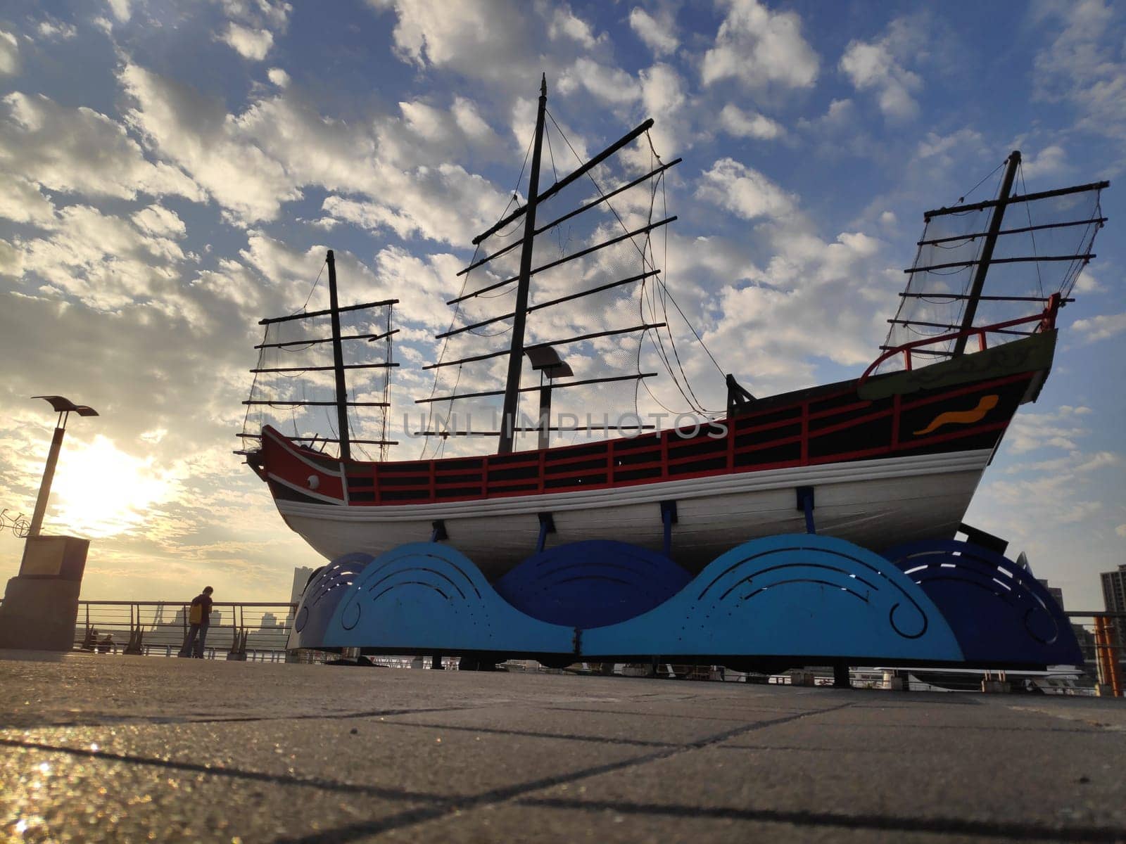 Taipei Dadaocheng Ferry Terminal, Taiwan - June 14, 2019 : The beautiful Dadao Wharf is located along the Danshui River. At sunset, it attracts many tourists to enjoy the sunset.