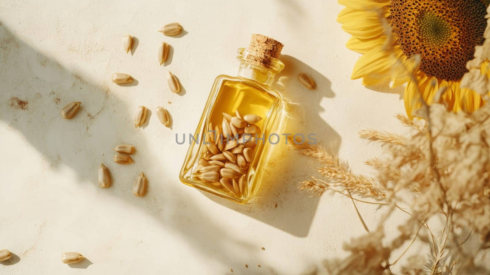 Sunflower oil extract in small bottle on wooden table, Generative AI, food