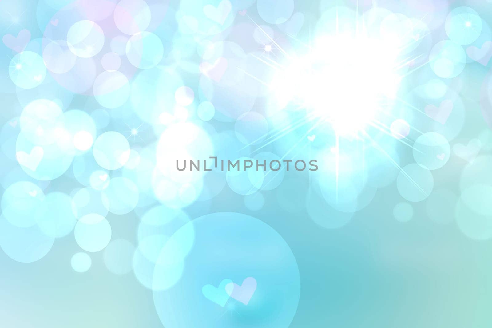 Abstract festive blur bright blue pastel background with blue and pink hearts love bokeh for wedding card or Valentine‘s day. Space. Card concept.