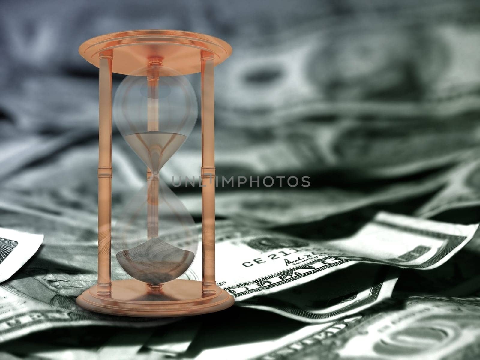 Hourglass and US dollars. Time is money