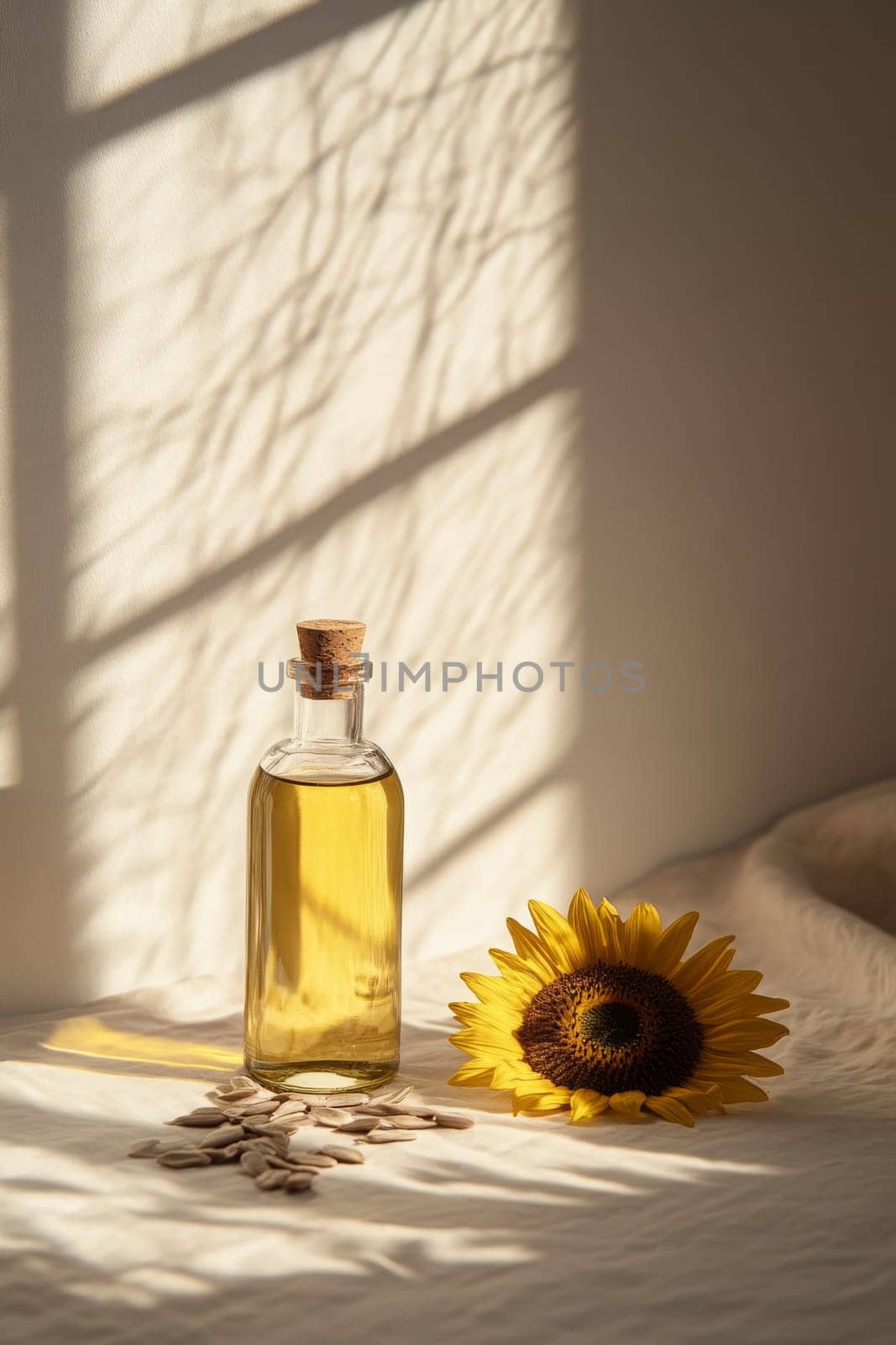 Sunflower oil extract in small bottle on wooden table, Generative AI, food